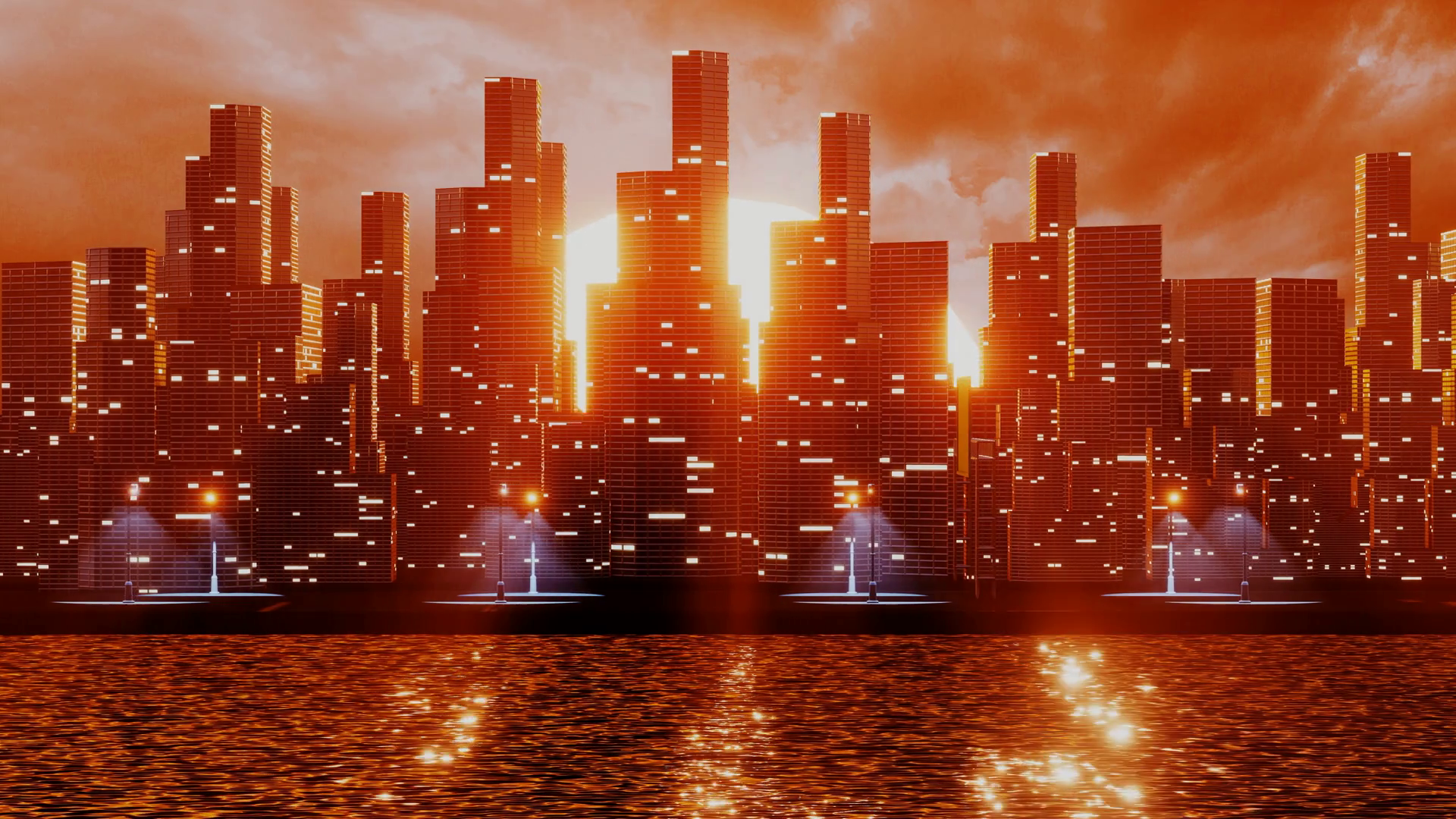 Futuristic City With Skyscrapers Near The Water. 3D Render Animation. Retro City Landscape Urban Skyline Cityscape Concept For Video Games, VJ And DJ Motion Background 00:20 SBV 338591658