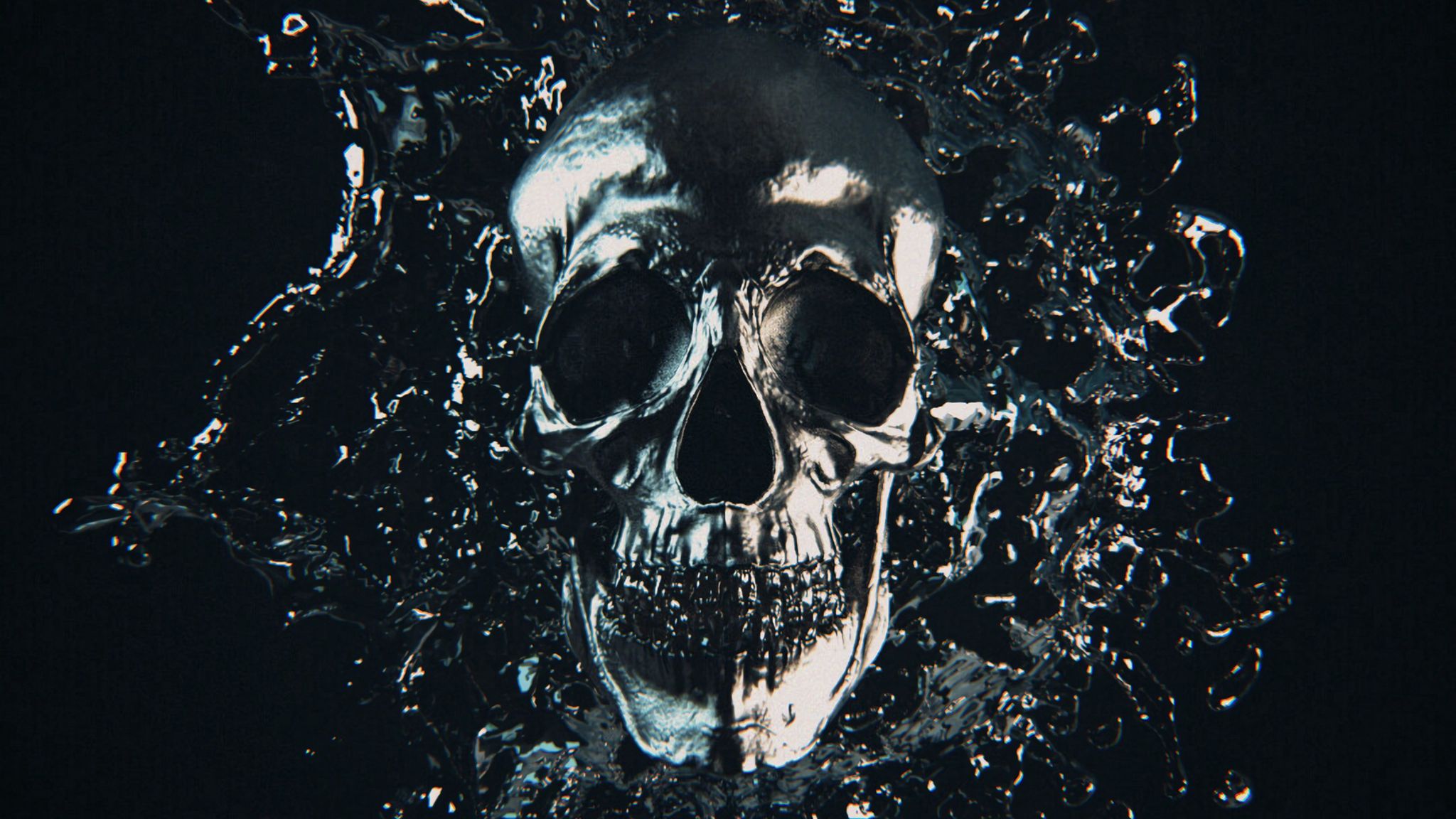 Download wallpaper 2048x1152 skull, metal, splash, frozen, dark ultrawide monitor HD background