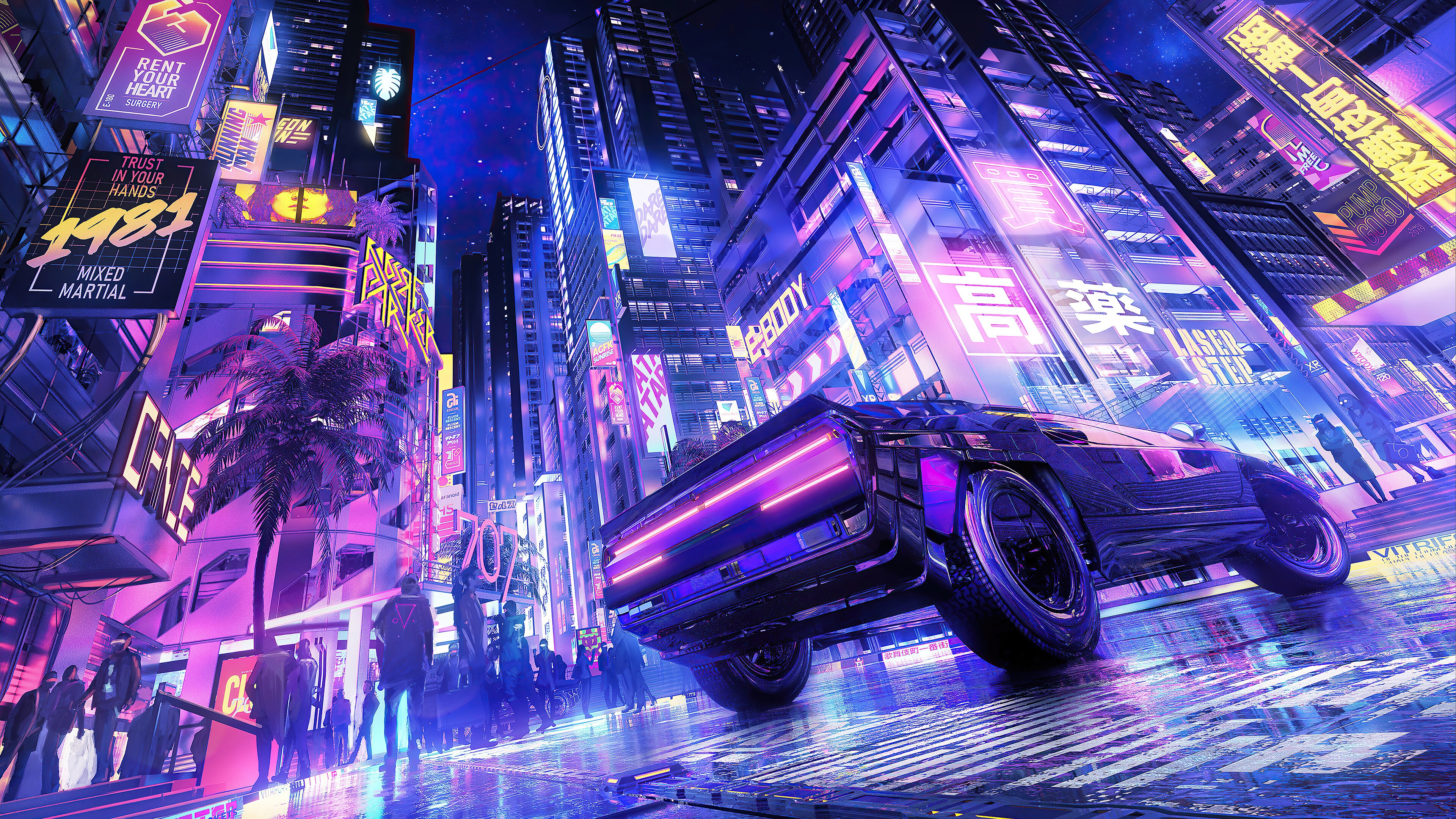 Download wallpaper car, supercar, japan, anime, art, street, cyberpunk, kanji, japanse, section art in resolution 3840x2160
