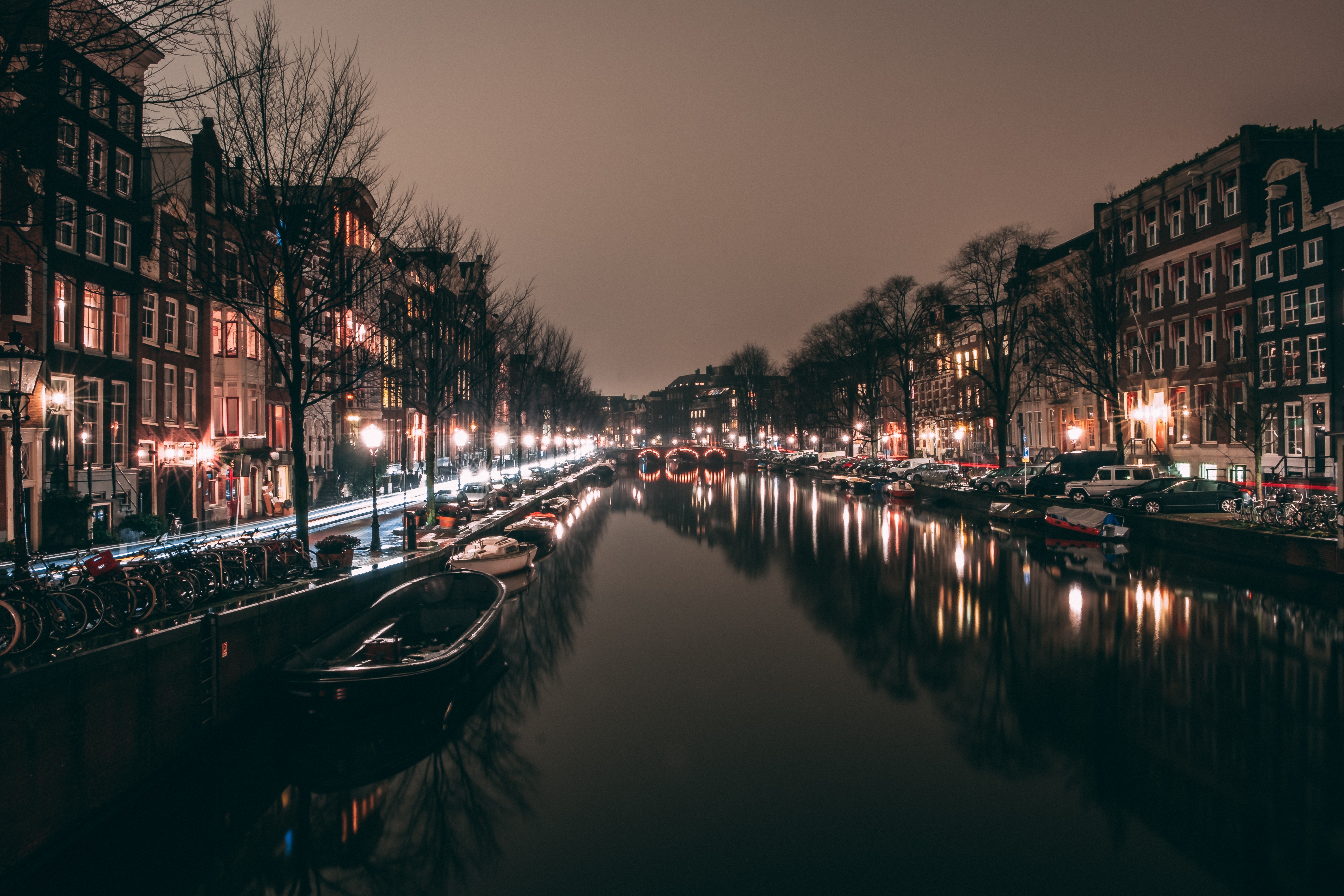 amsterdam, canal, city lights, night city desktop wallpaper