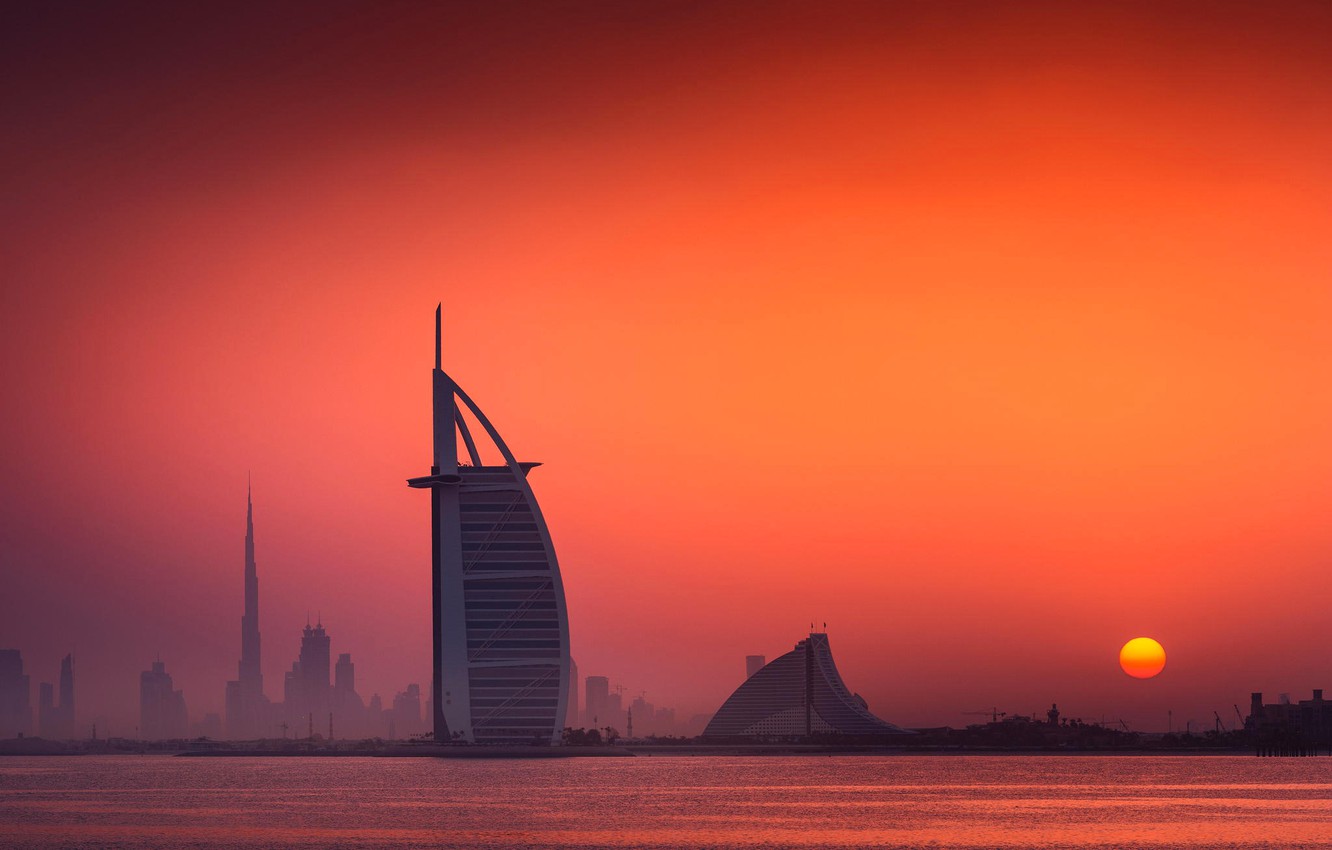 Wallpaper the sky, the sun, dawn, Dubai, Dubai, UAE, Jumeirah beach hotel, Burj Al Arab image for desktop, section пейзажи