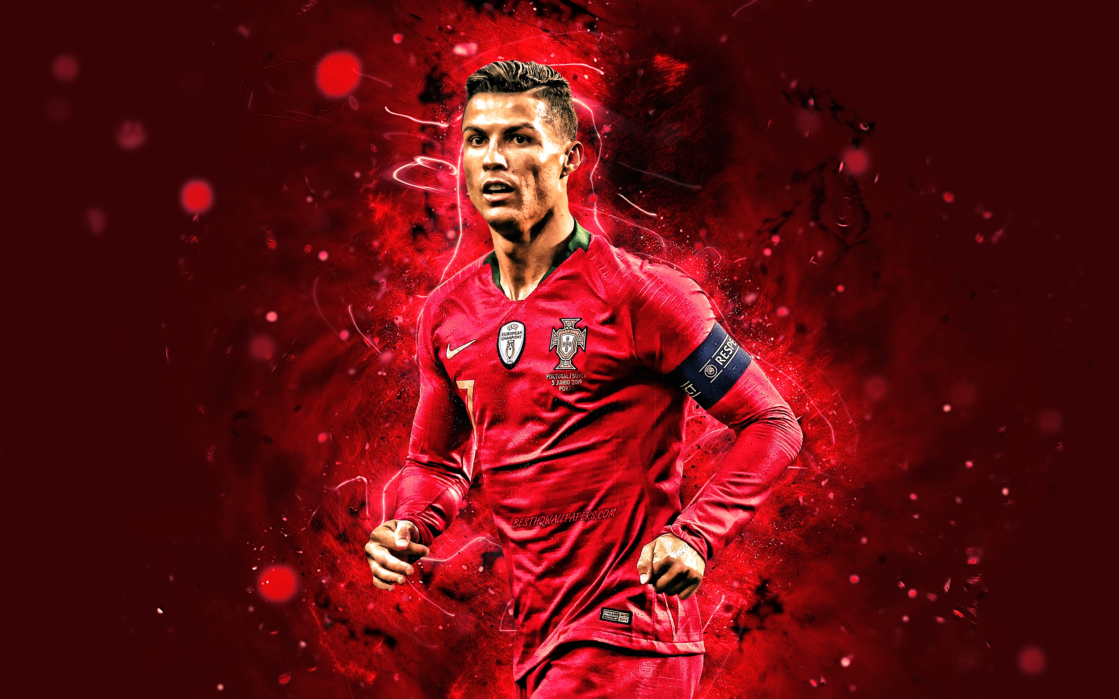 Download Wallpaper 4k, Cristiano Ronaldo, Close Up, Portugal National Team, Soccer, CR Portuguese Football Team, Ronaldo, Cristiano Ronaldo Dos Santos Aveiro, Neon Lights For Desktop With Resolution 3840x2400. High Quality HD Picture