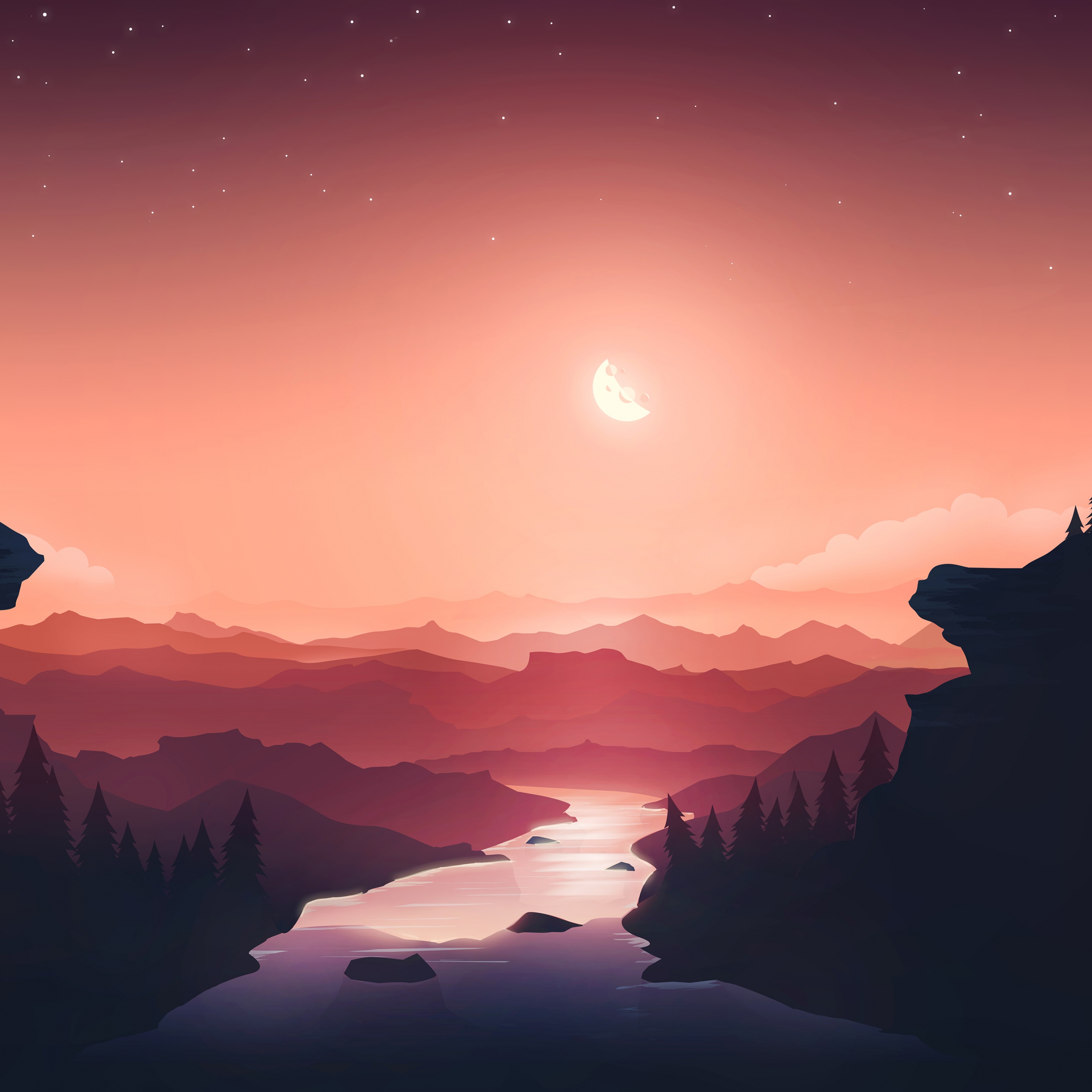 Sunset Wallpaper 4K, Moon, River, Mountains, Nature