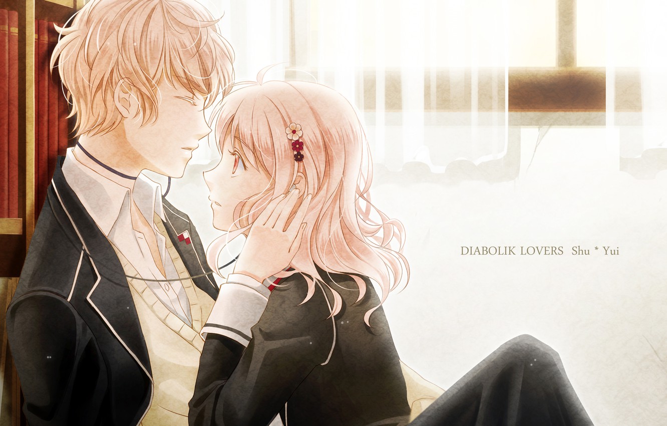 Wallpaper girl, wire, anime, headphones, art, form, guy, students, quran sakamaki, diabolik lovers, komori yui image for desktop, section дзёсэй