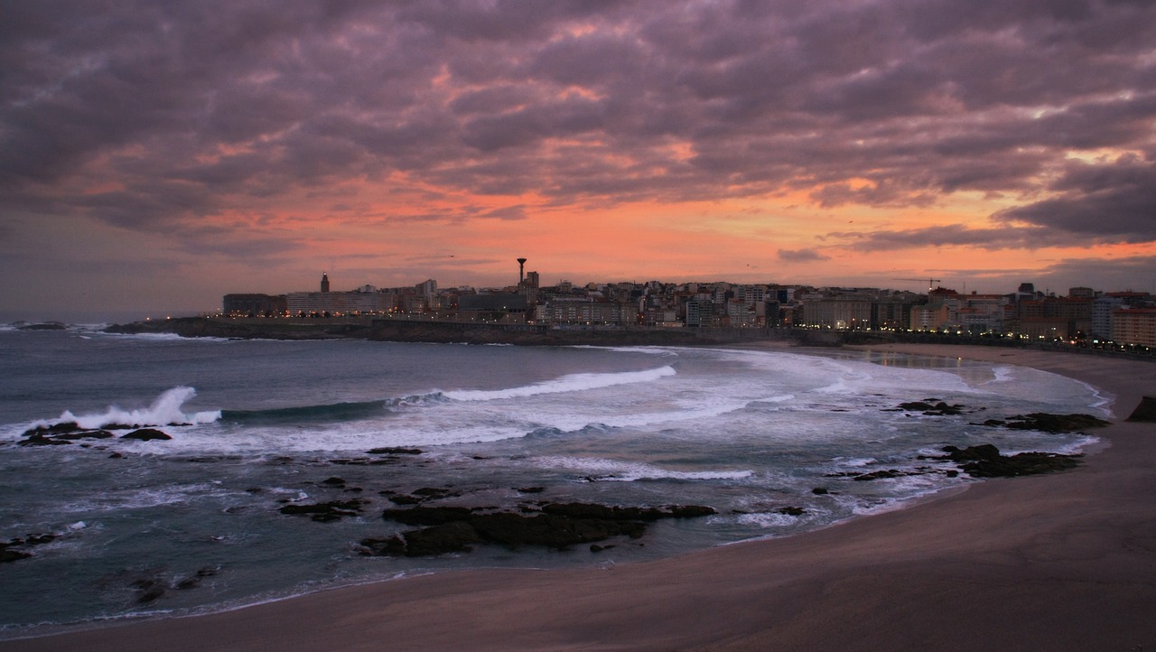 Download free photo of Coruña, city, galicia, riazor, dawn