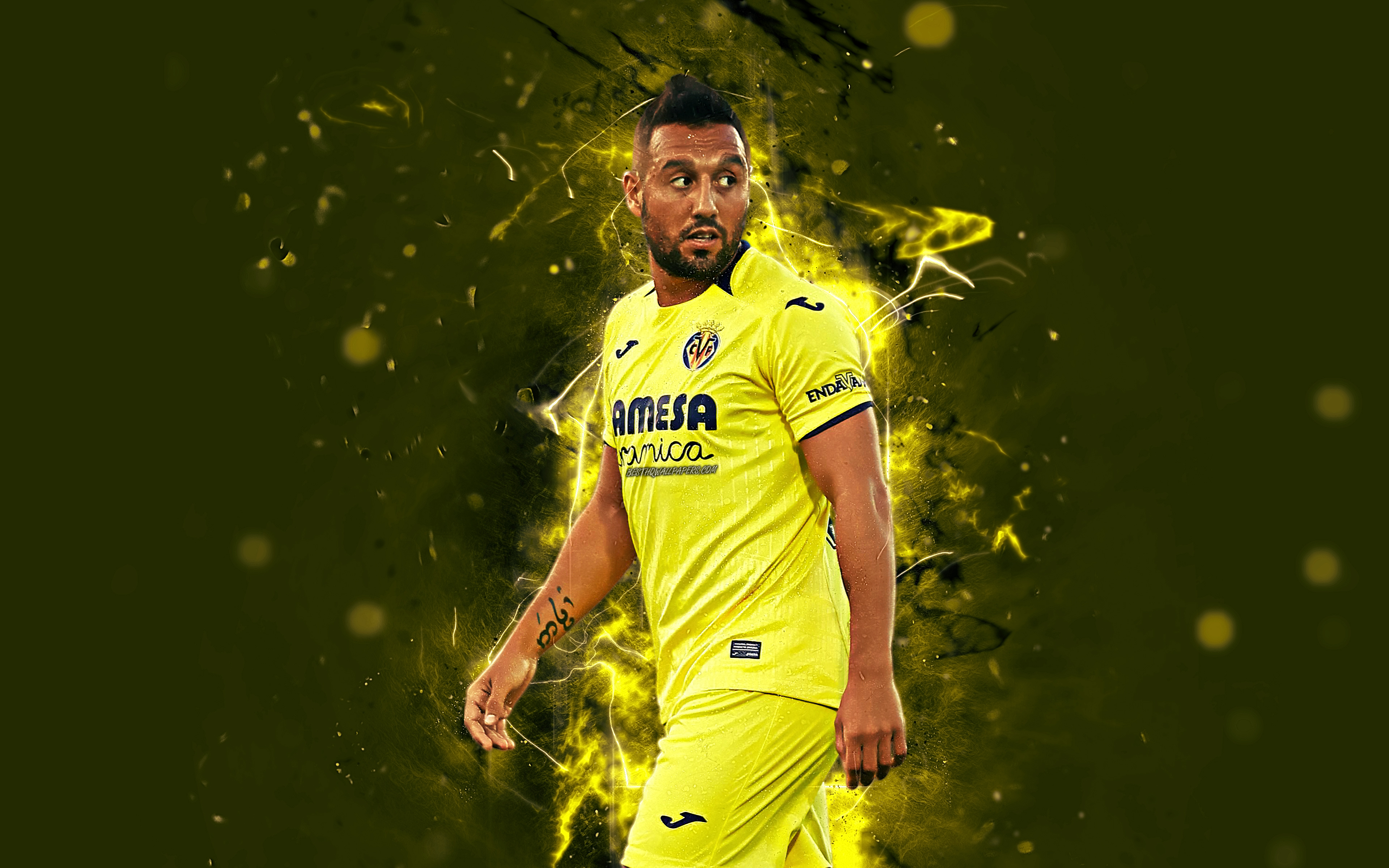 Download wallpaper Santi Cazorla, 4k, abstract art, football, Villarreal, La Liga, Cazorla, footballers, neon lights, soccer, Villarreal FC, LaLiga for desktop with resolution 3840x2400. High Quality HD picture wallpaper
