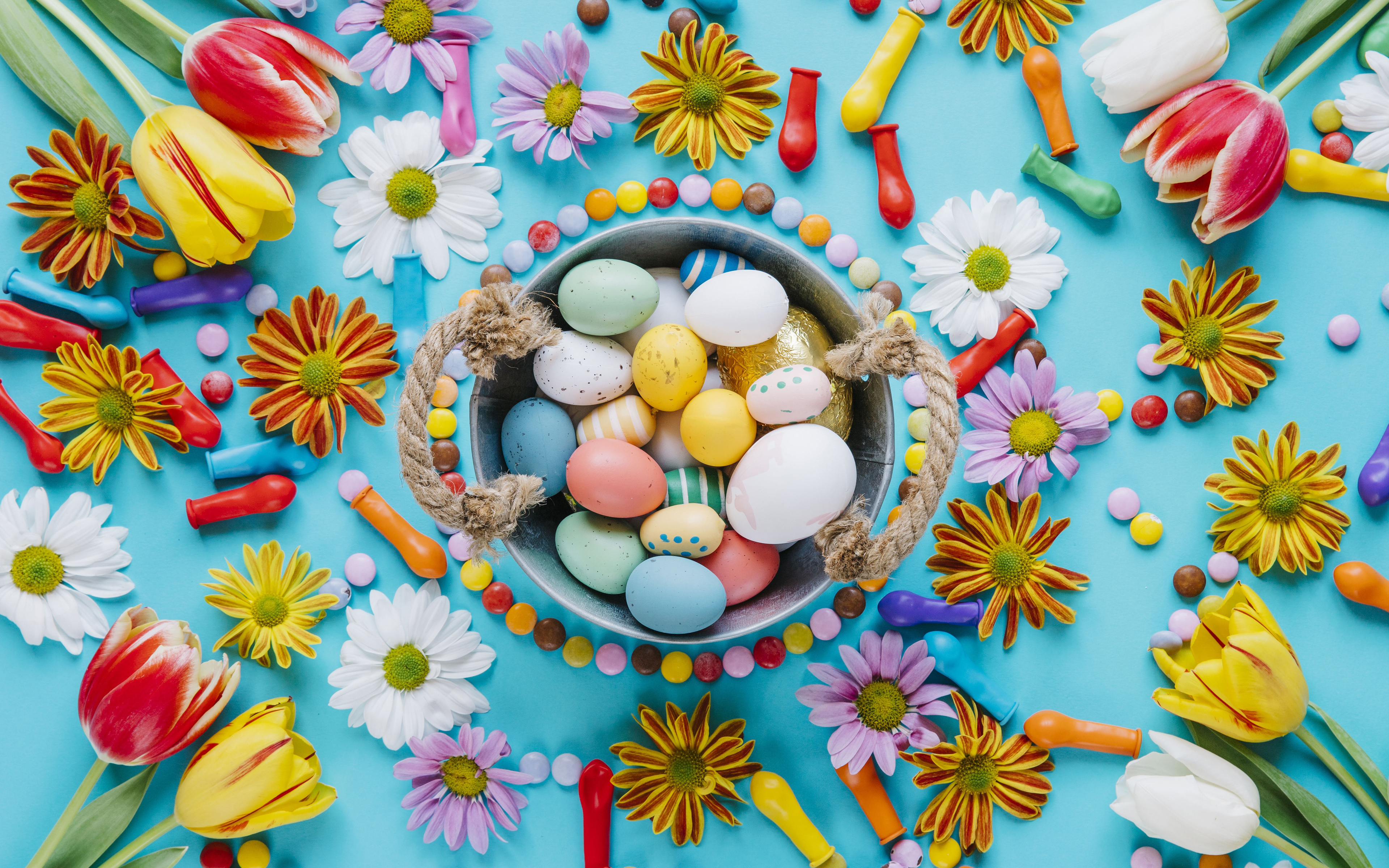 Download wallpaper Easter, 4k, flowers, Happy Easter, easter decoration, Easter eggs for desktop with resolution 3840x2400. High Quality HD picture wallpaper