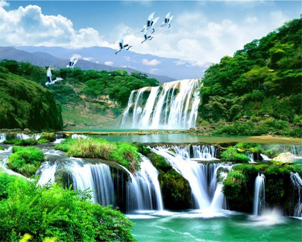 Beibehang Custom 3D Wall Mural Wallpaper Nature Landscape Green Mountain Waterfall 3D Silk cloth Photo 3D wall paper Home Decor. Wallpaper