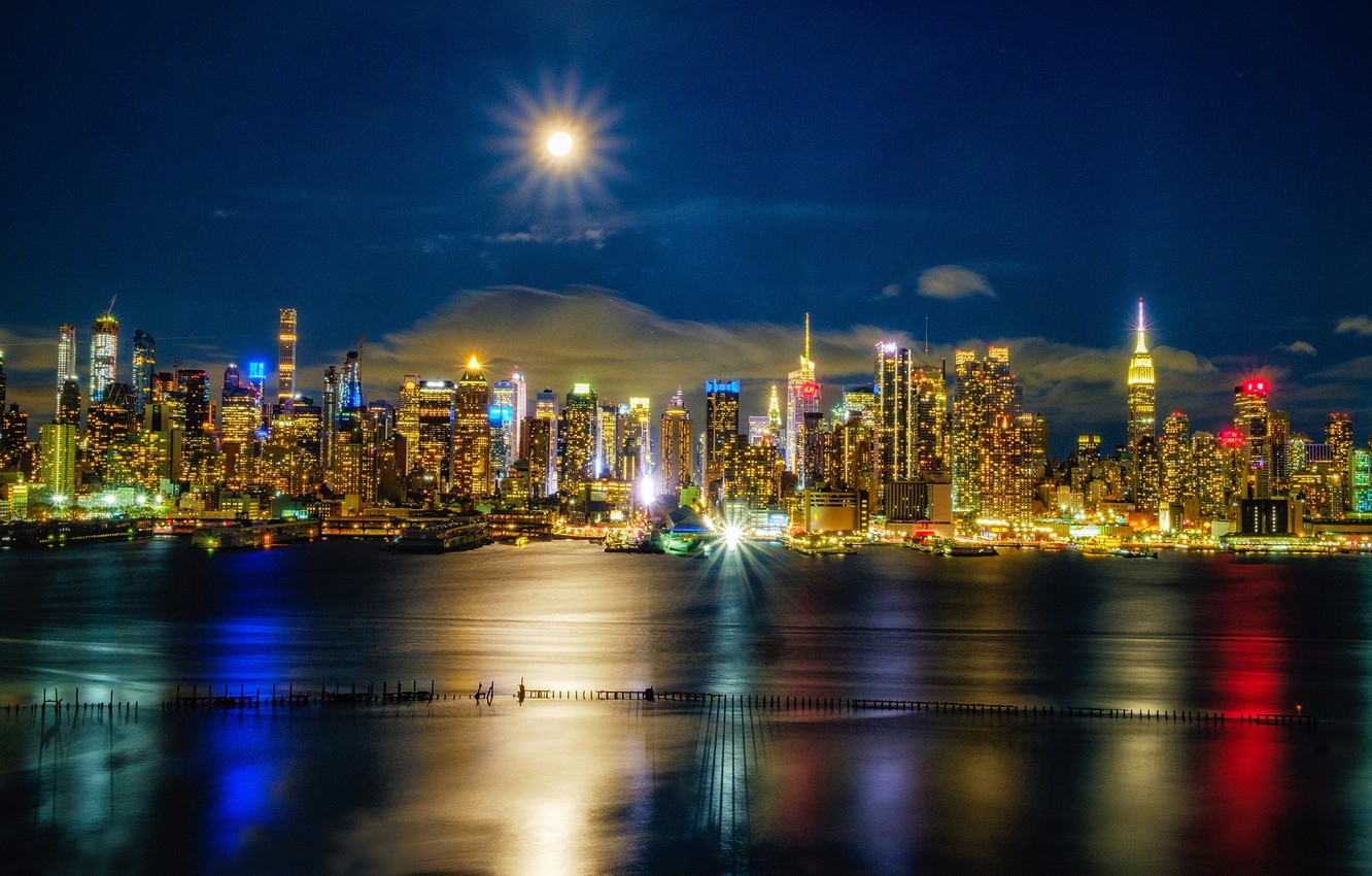 Wallpaper river, building, New York, night city, Manhattan, skyscrapers, Manhattan, New York City, Hudson River, The Hudson River image for desktop, section город