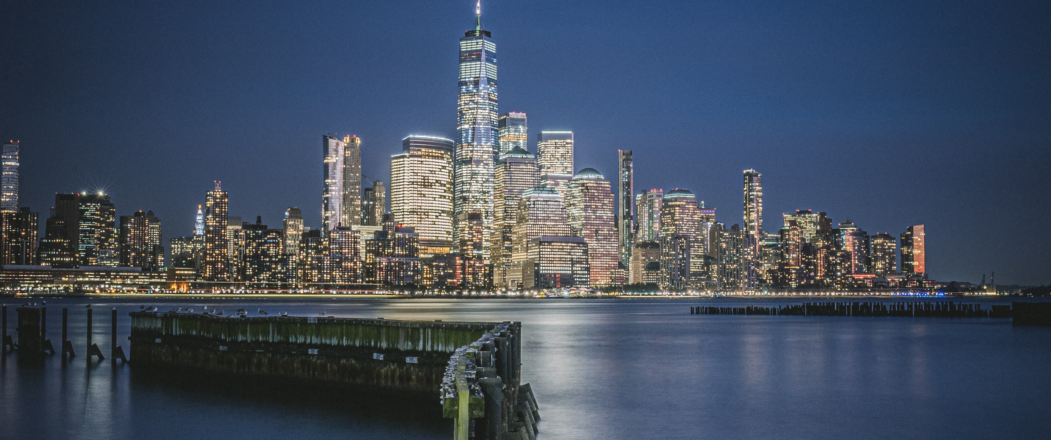 Hudson River Waterfront Walkway Wallpaper 4K, Jersey City, Cityscape, Night, City lights, World