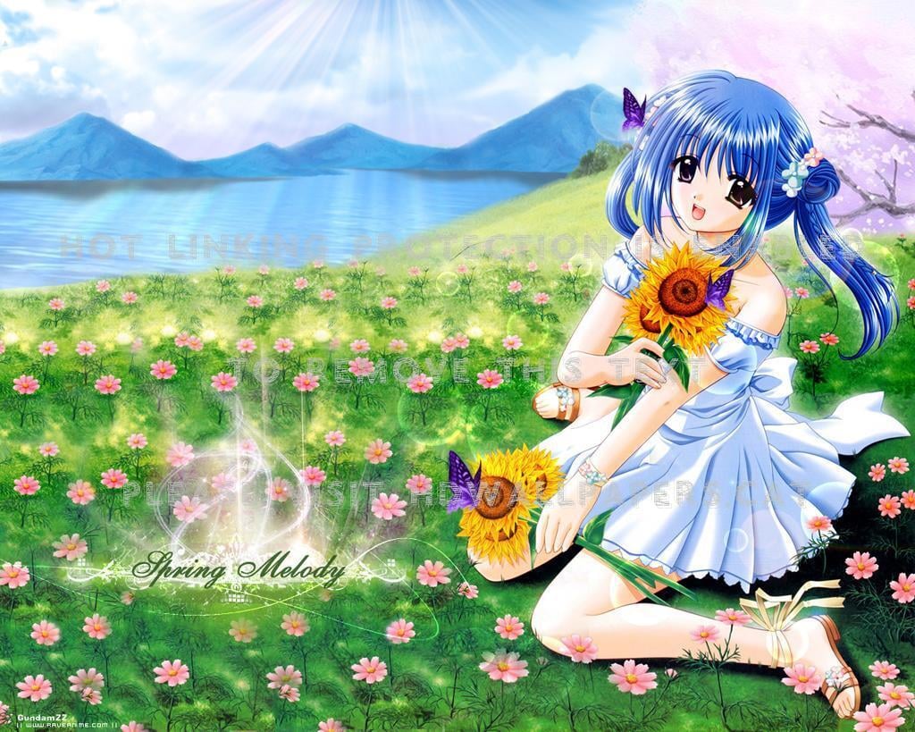 girl in nature water trees spring sky anime