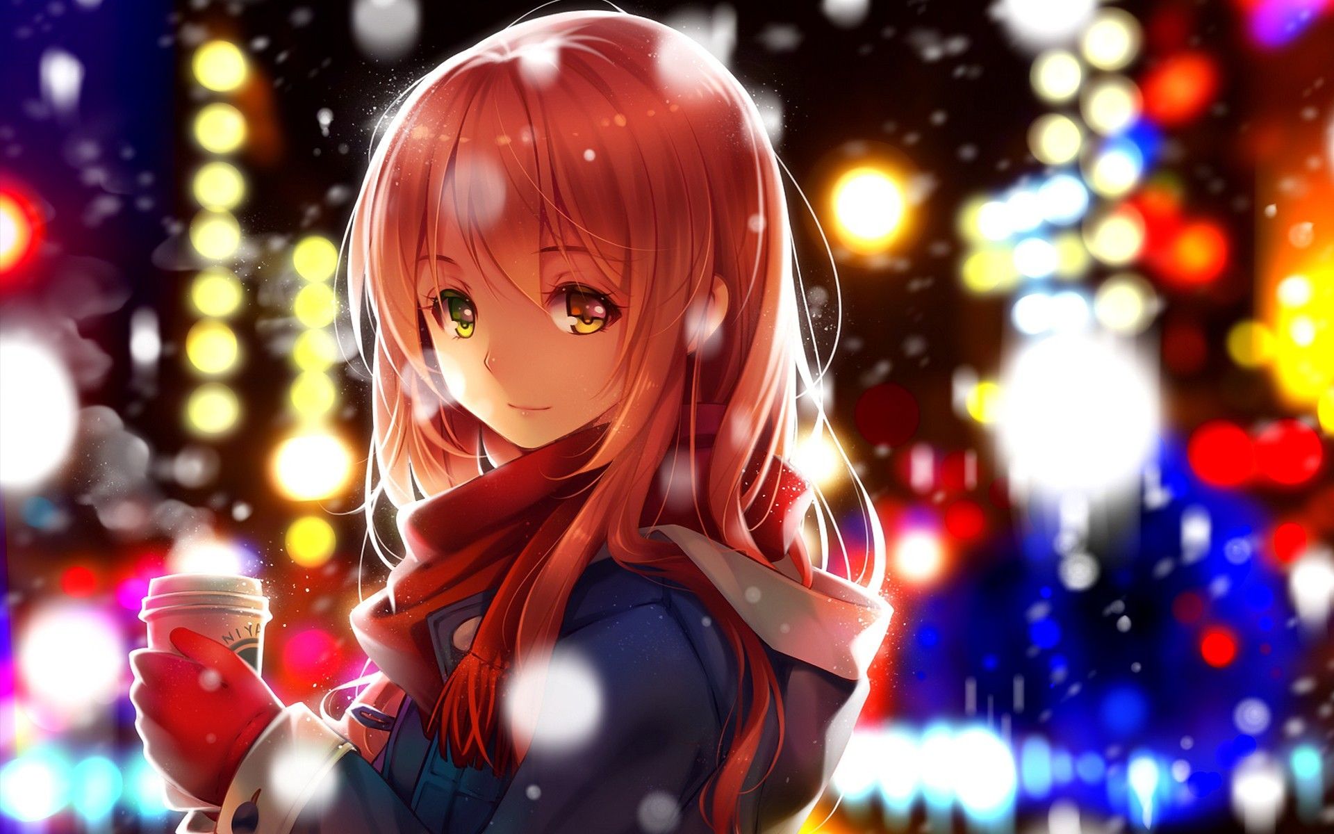original characters, #anime, #scarf, #coffee, #snow, #manga, #lights, #anime girls, #winter, wallpaper. Anime christmas, Anime snow, Anime image