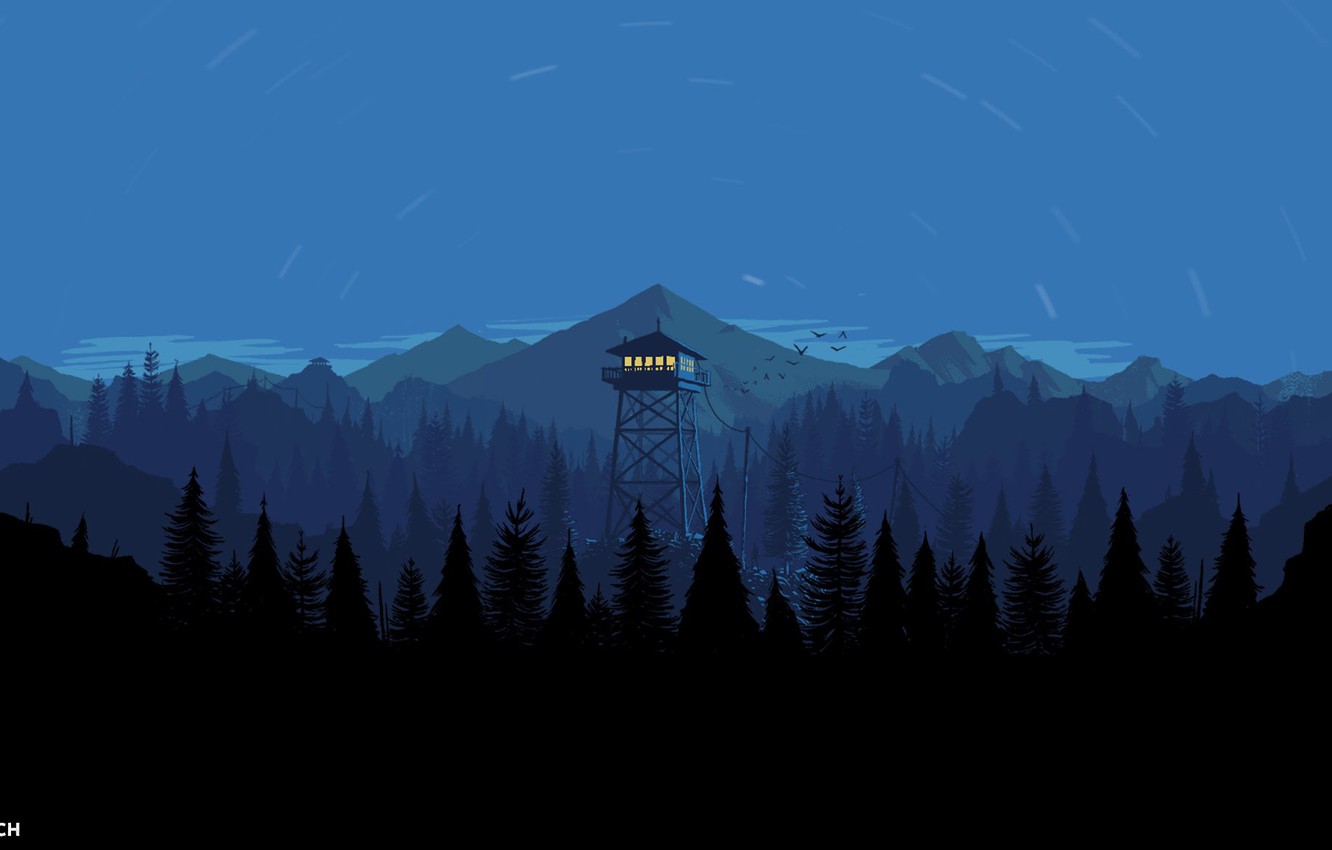 Wallpaper Mountains, Night, The game, Forest, View, Birds, Hills, Landscape, Tower, Campo Santo, Firewatch, Fire watch image for desktop, section игры