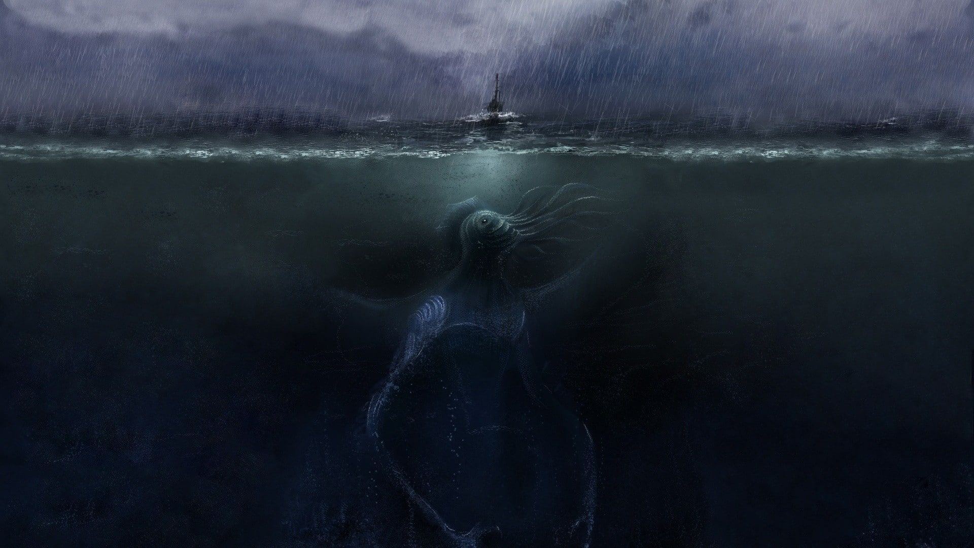 horror creepy ocean rain cthulhu ships fantasy art underwater lurker 1920x1080 Nature Oceans HD Art #creepy #hor. Sea monsters, Underwater painting, Fantasy art