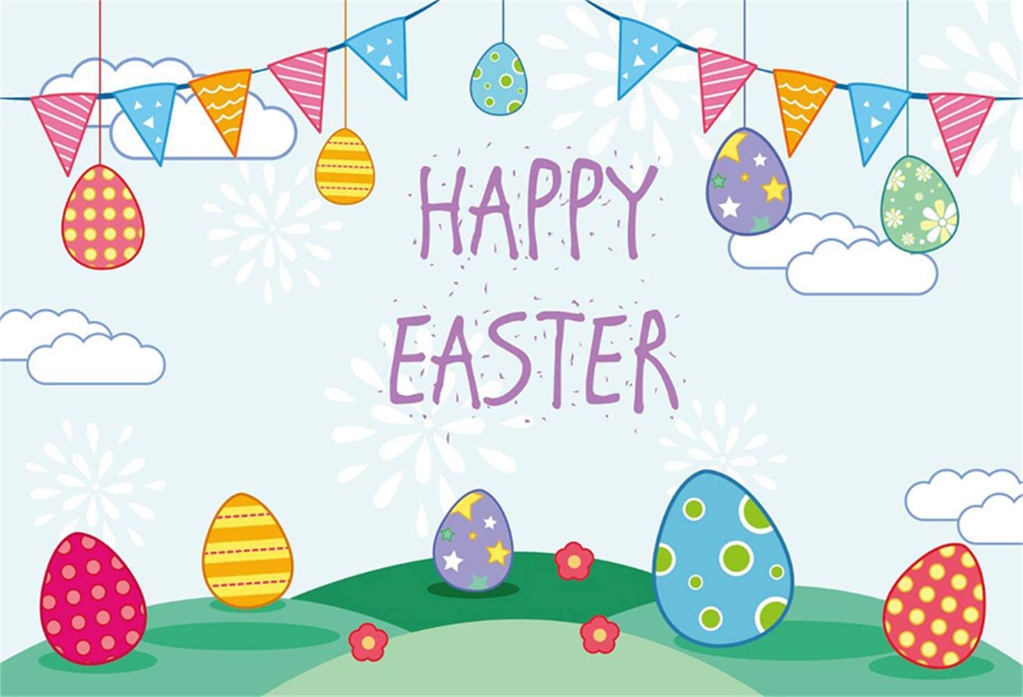 Amazon.com, Laeacco Happy Easter 8x6.5ft Vinyl Photography Background Cartoon Cute Easter Eggs Buntings Fireworks Hillside Illustration Backdrop Easter Egg Hunt Day Banner Greeting Card Wallpaper