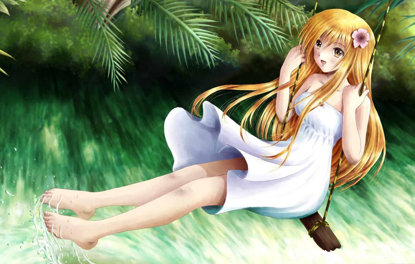 Wallpaper summer, stream, swing, mood, anime, girl, ilolamai image for desktop, section прочее