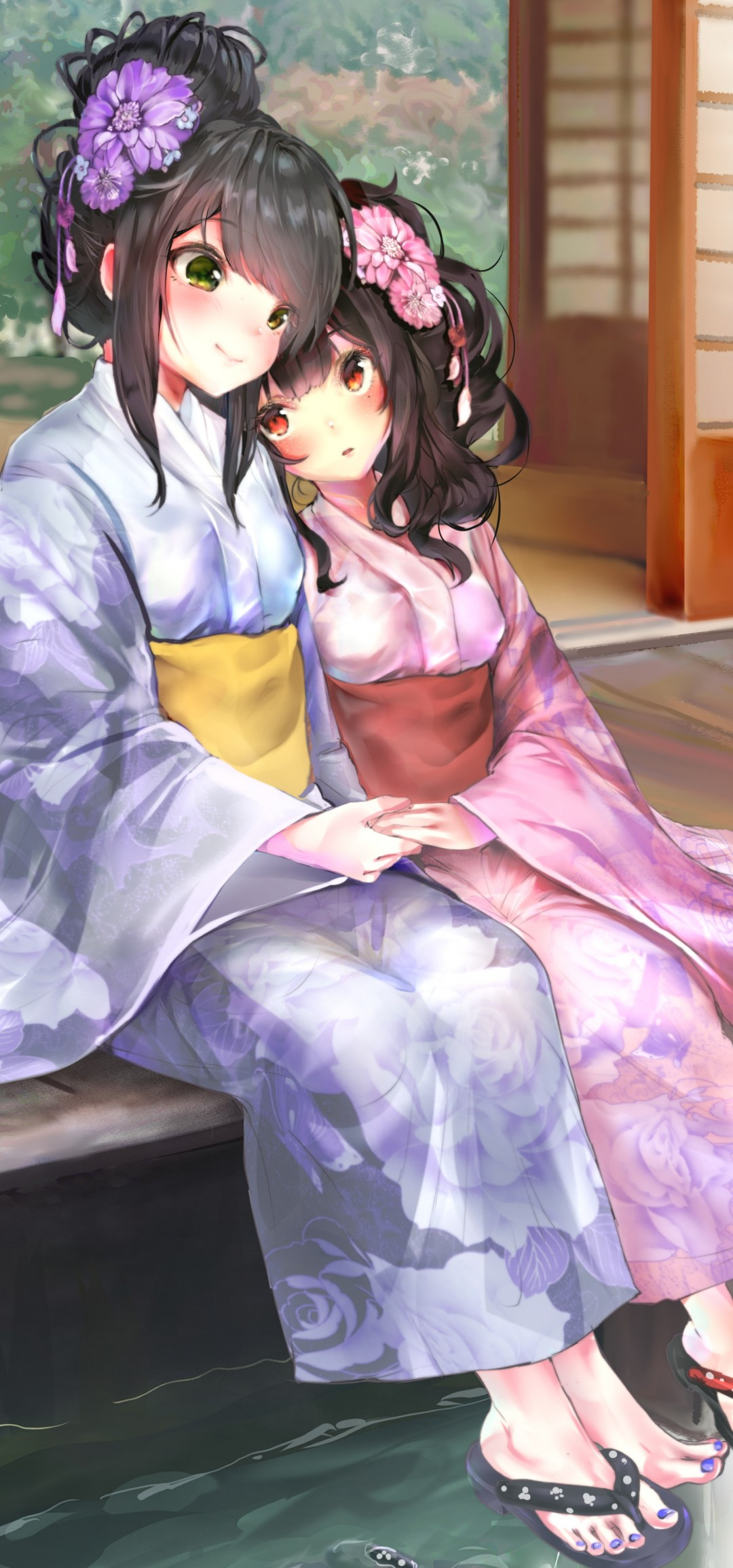 Download 1080x2310 Anime Girls, Kimono, Cute, Summer, Japanese House Wallpaper for Honor View 20