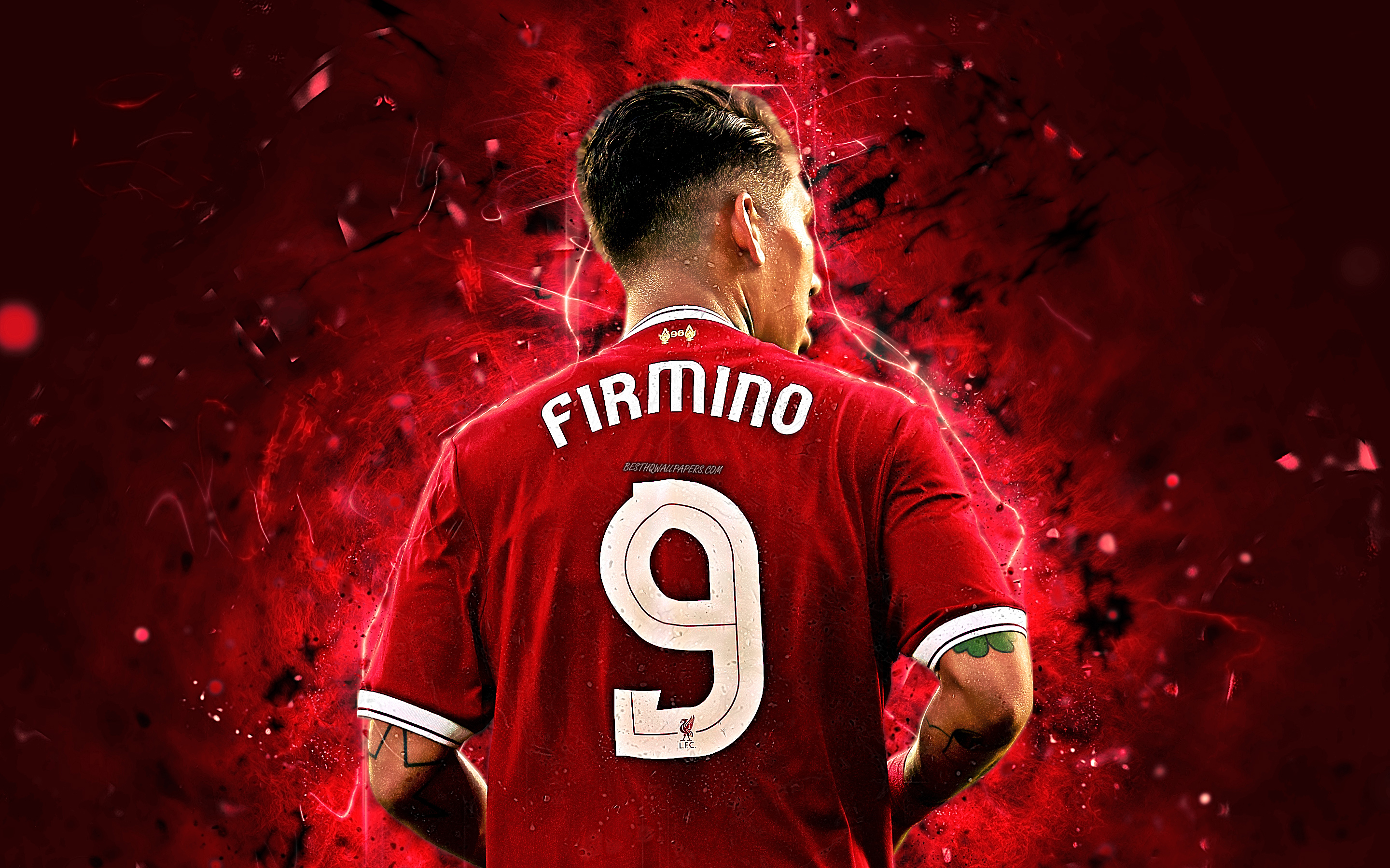 Download wallpaper Roberto Firmino, back view, LFC, brazilian footballers, abstract art, soccer, Liverpool FC, Firmino, Premier League, football, neon lights for desktop with resolution 2880x1800. High Quality HD picture wallpaper
