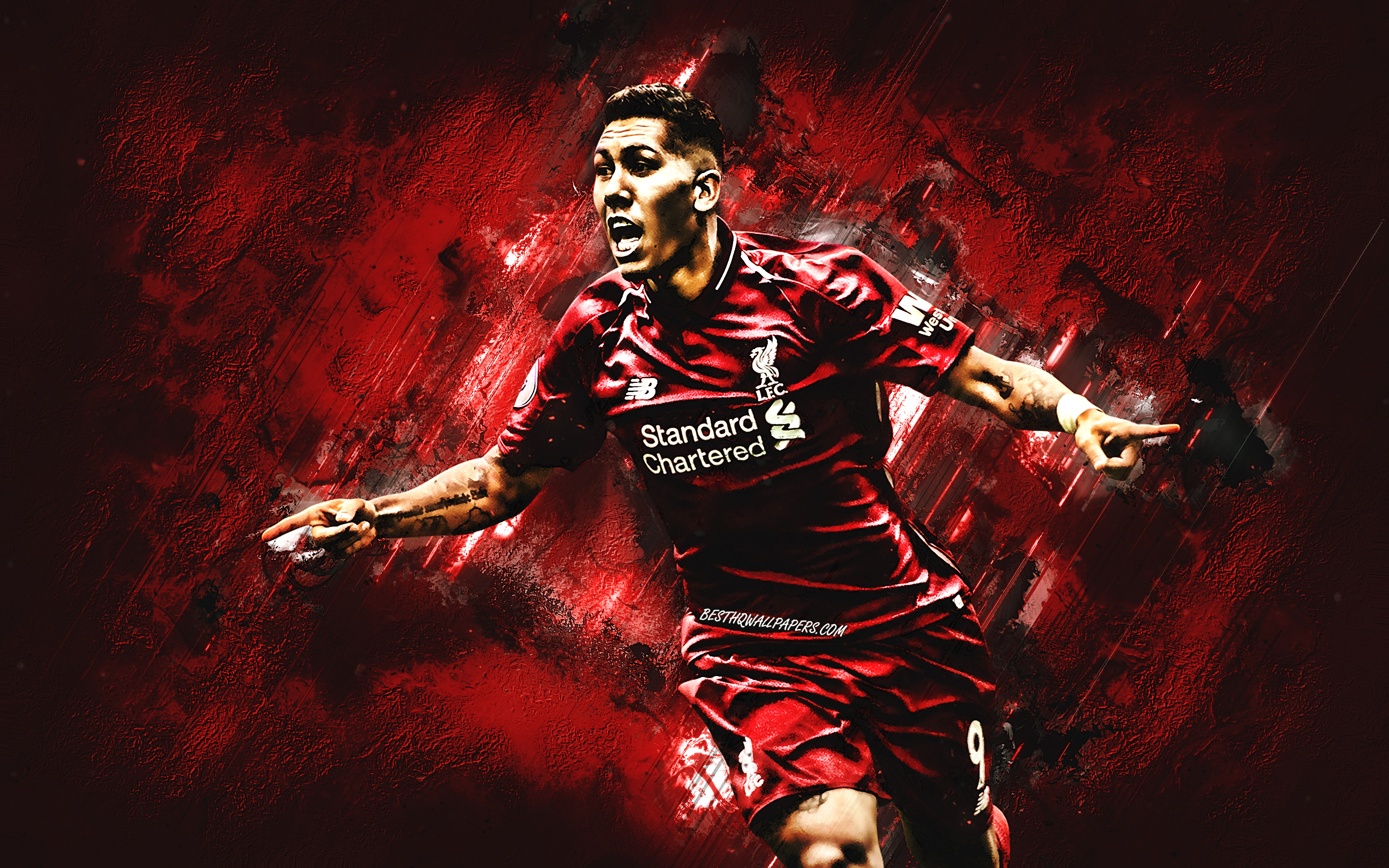 Download wallpaper Roberto Firmino, Liverpool FC, portrait, Brazilian footballer, attacking midfielder, Premier League, England, soccer, red stone background, Firmino for desktop with resolution 2880x1800. High Quality HD picture wallpaper