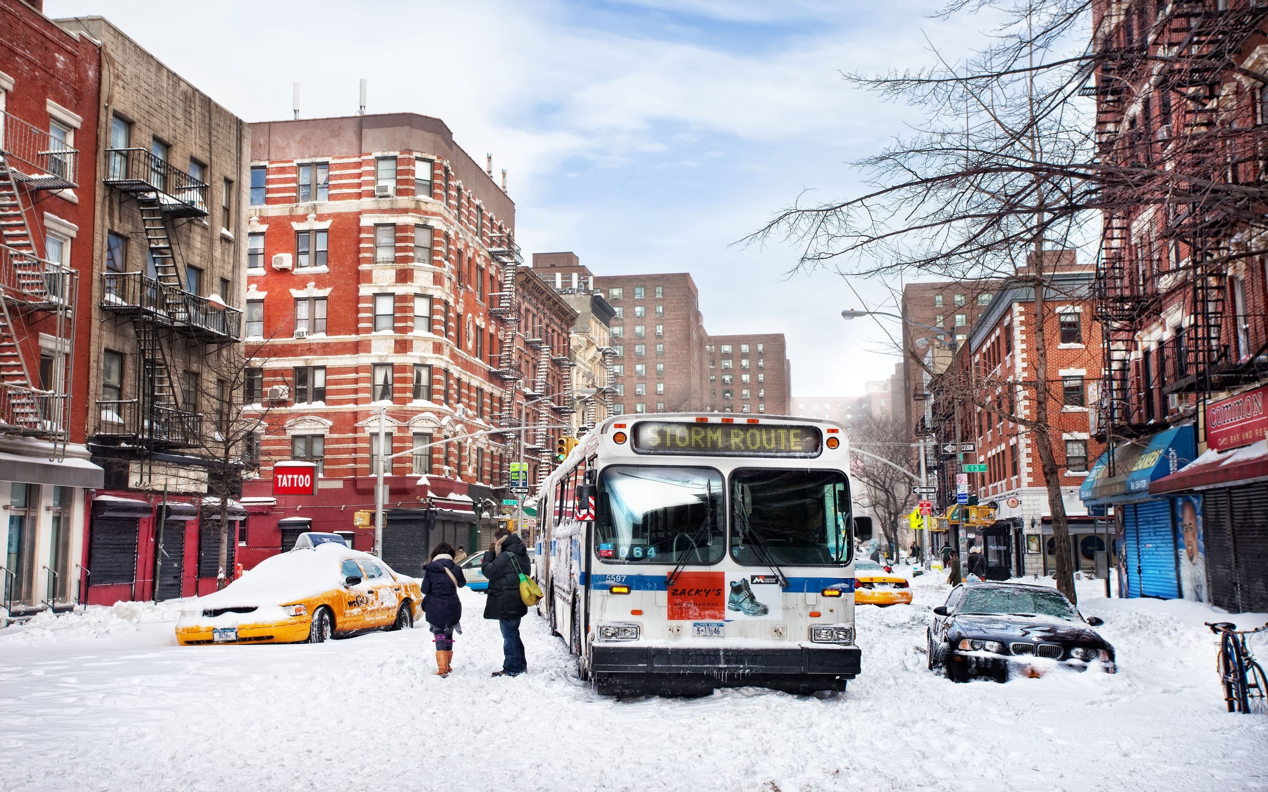 Wallpaper City, Bus, Traffic, Snow, Winter, People, New York 4k