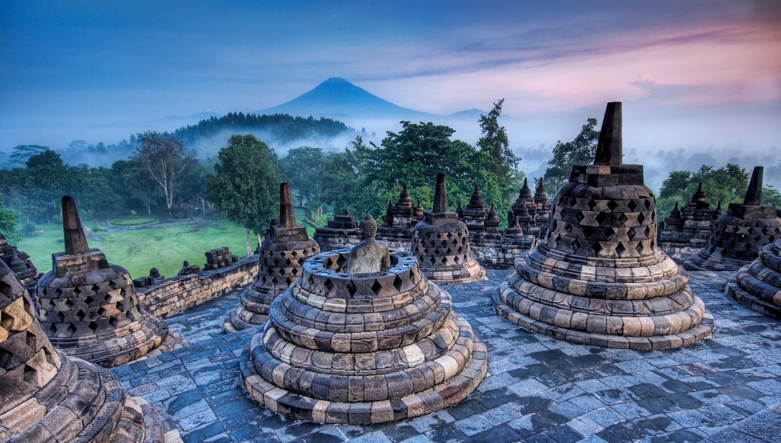 World Heritage Site, statue, stupa, sunrise, mist, forest (1600x909px) on Wallls.com