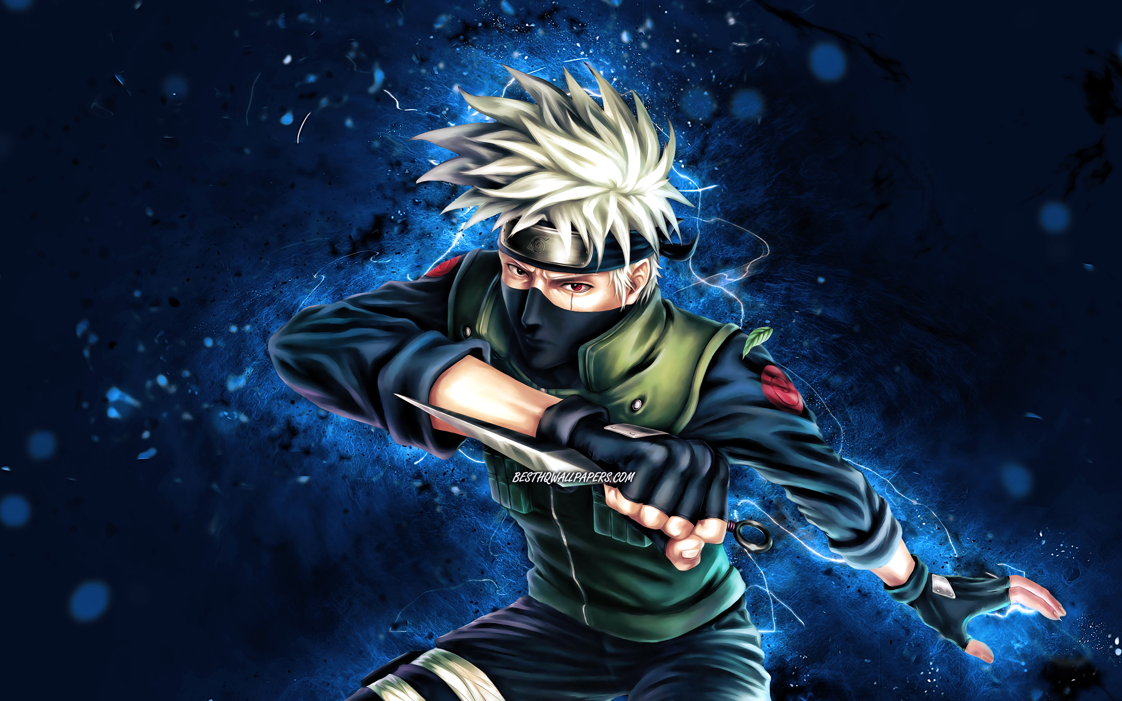 Download wallpaper Kakashi Hatake, 4k, blue neon lights, Naruto characters, artwork, Sharingan, Hatake Kakashi, manga, samurai, Naruto for desktop with resolution 3840x2400. High Quality HD picture wallpaper