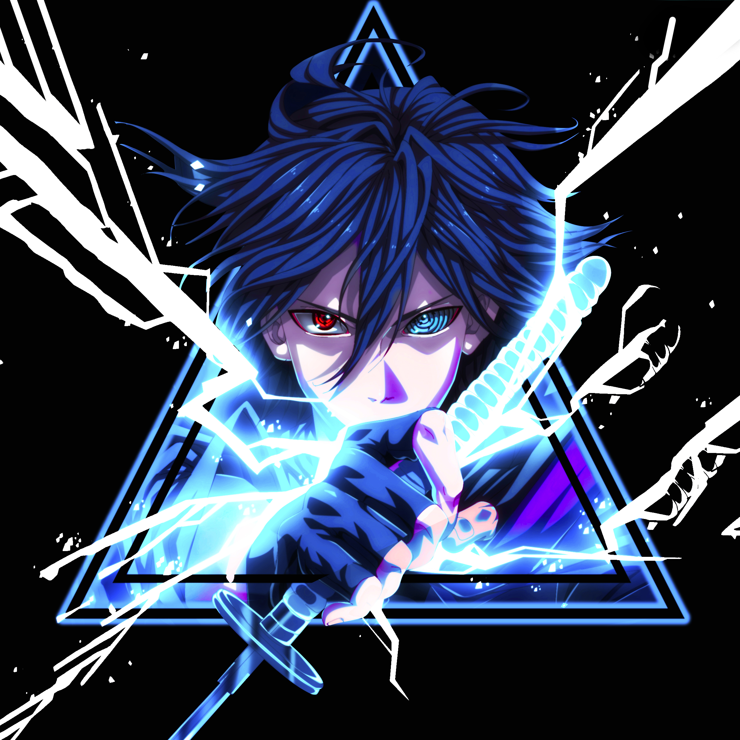 Uchiha Clan Uchiha Sasuke Digital Anime Heterochromia Looking At Viewer Blue Hair Sword Triangle Sim Wallpaper:2444x2444