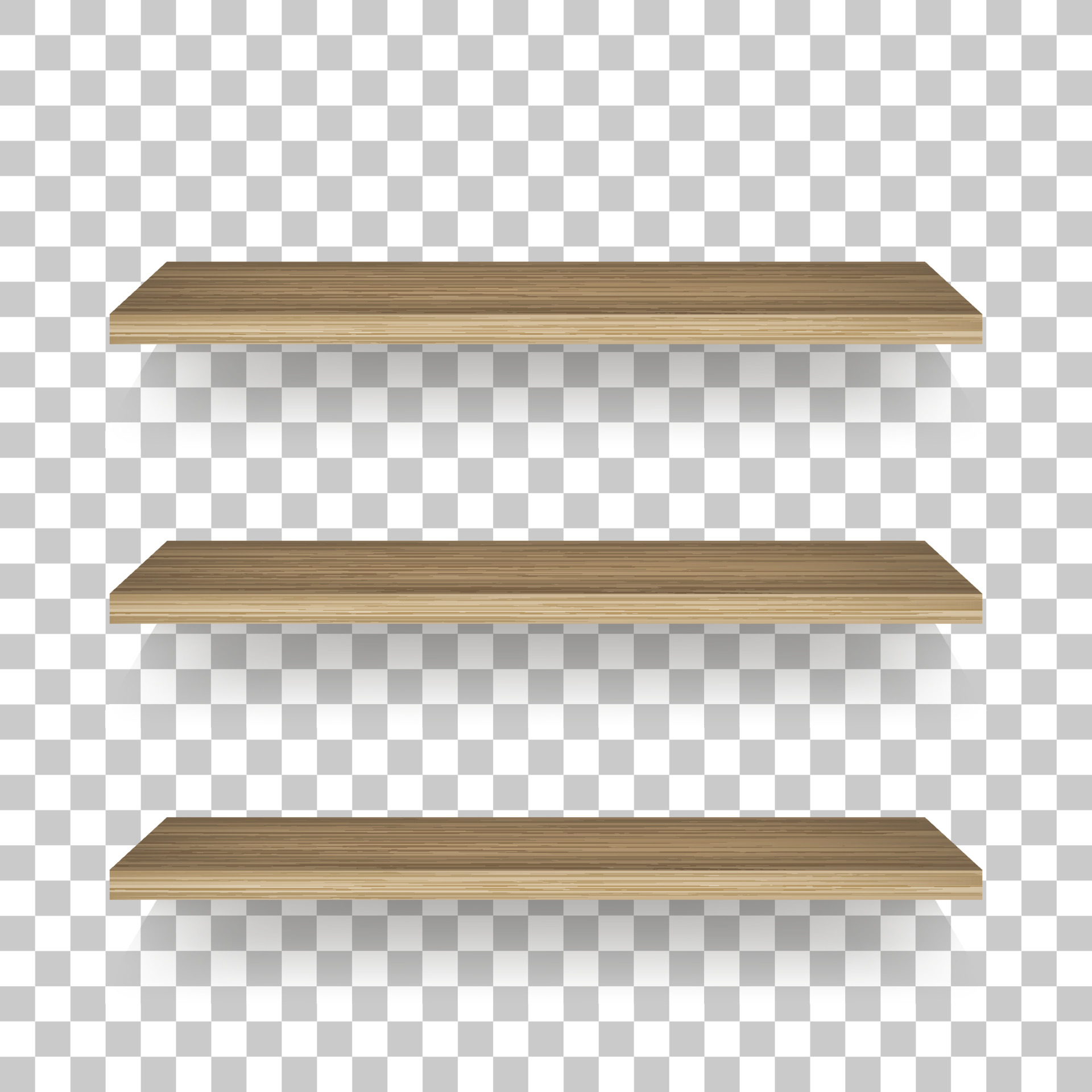 Wooden shelf on transparent background with soft shadow. 3D empty wooden shelves. Vector