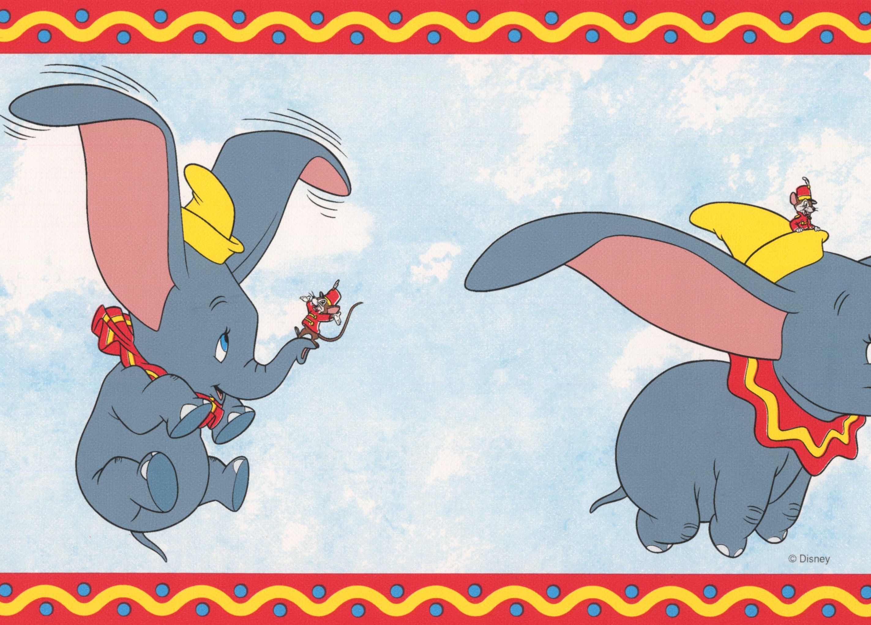 Dumbo the Elephant Disney Cartoon Wallpaper Border, Blue, Red Baby Room, Roll 15' x 7''