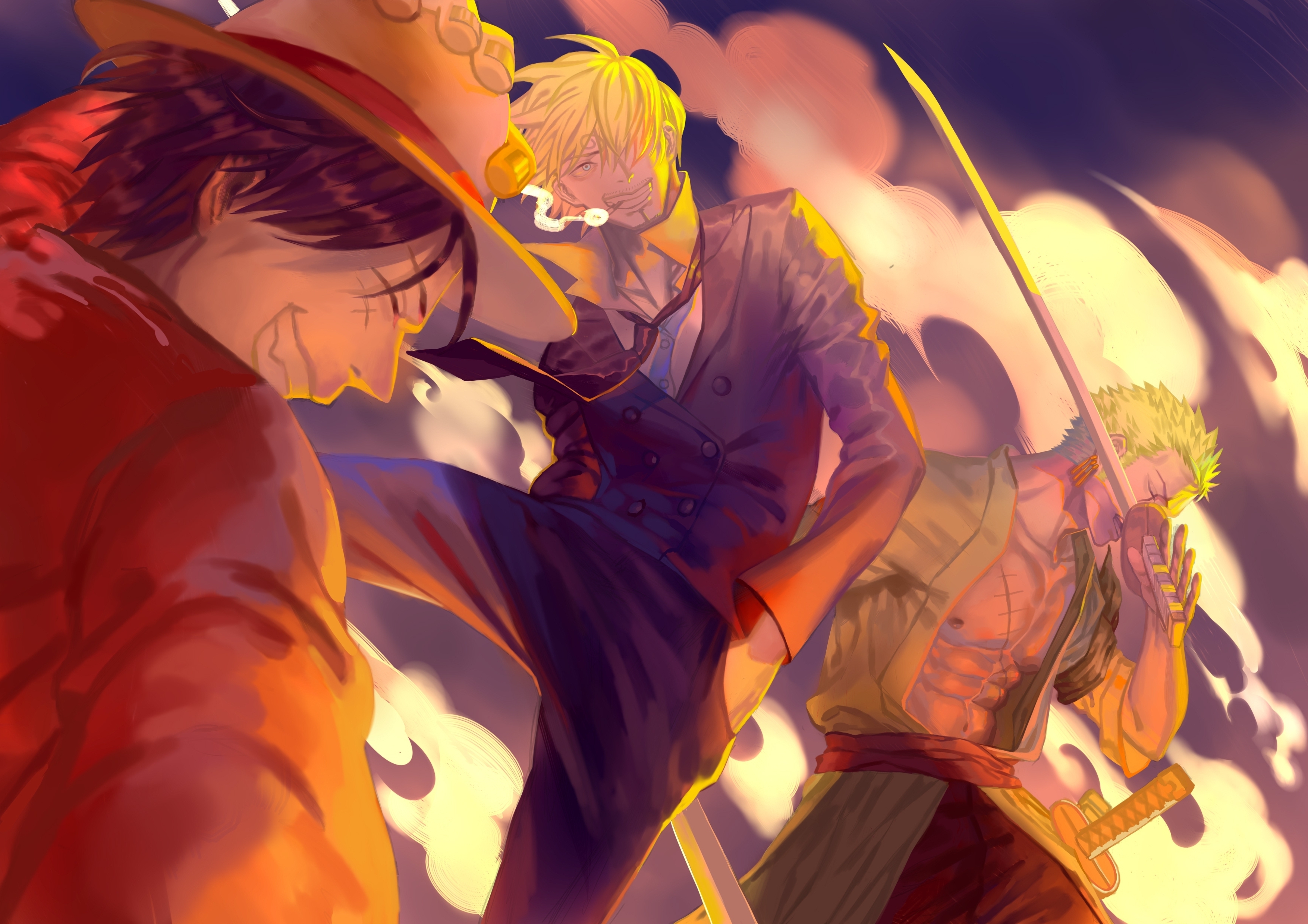 Wallpaper One Piece, Monkey D. Luffy, Roronoa Zoro, Sanji, Nakama:3508x2480