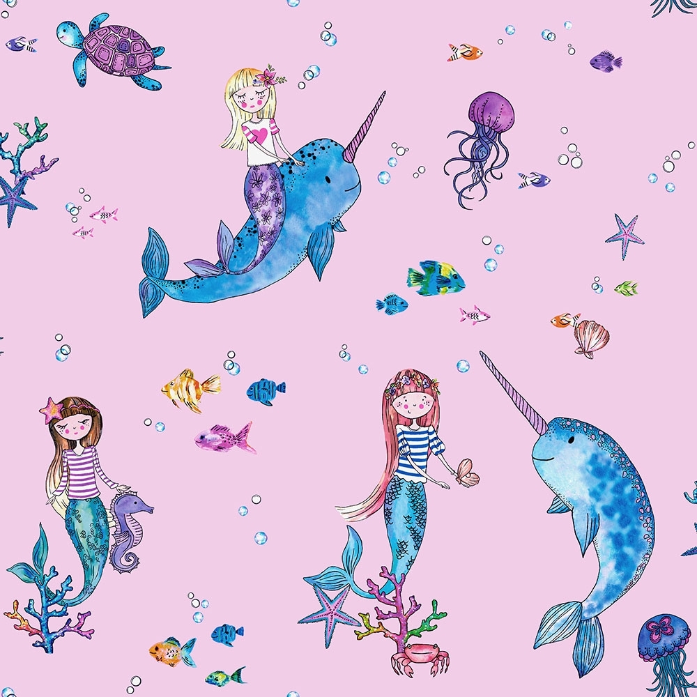 Mermaid Unicorn Childrens Glitter wallpaper in pink. I Love Wallpaper