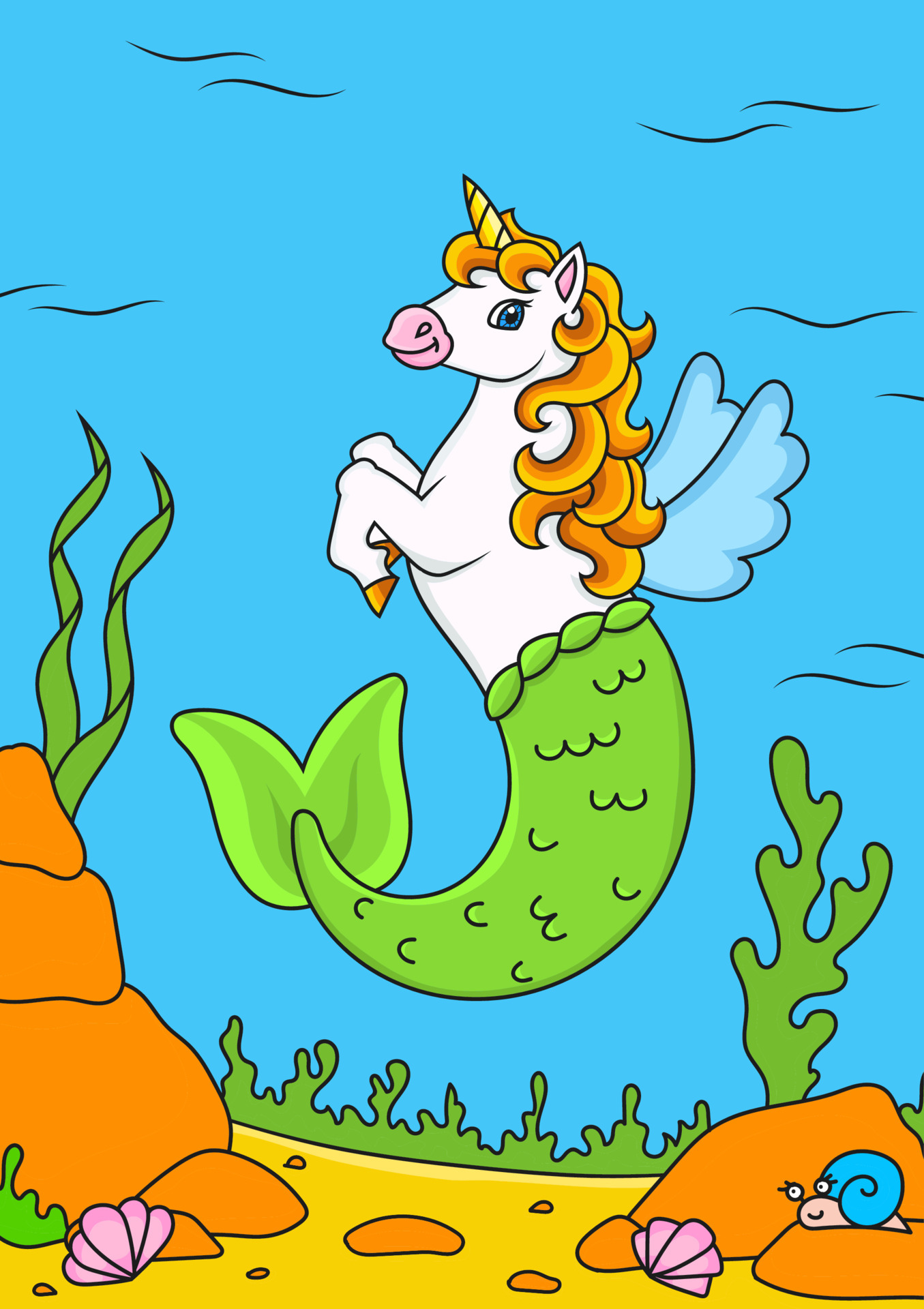 Cute mermaid unicorn. Magic fairy horse. Colored background for your design. For wallpaper, covers, postcards, banners. Vector illustration