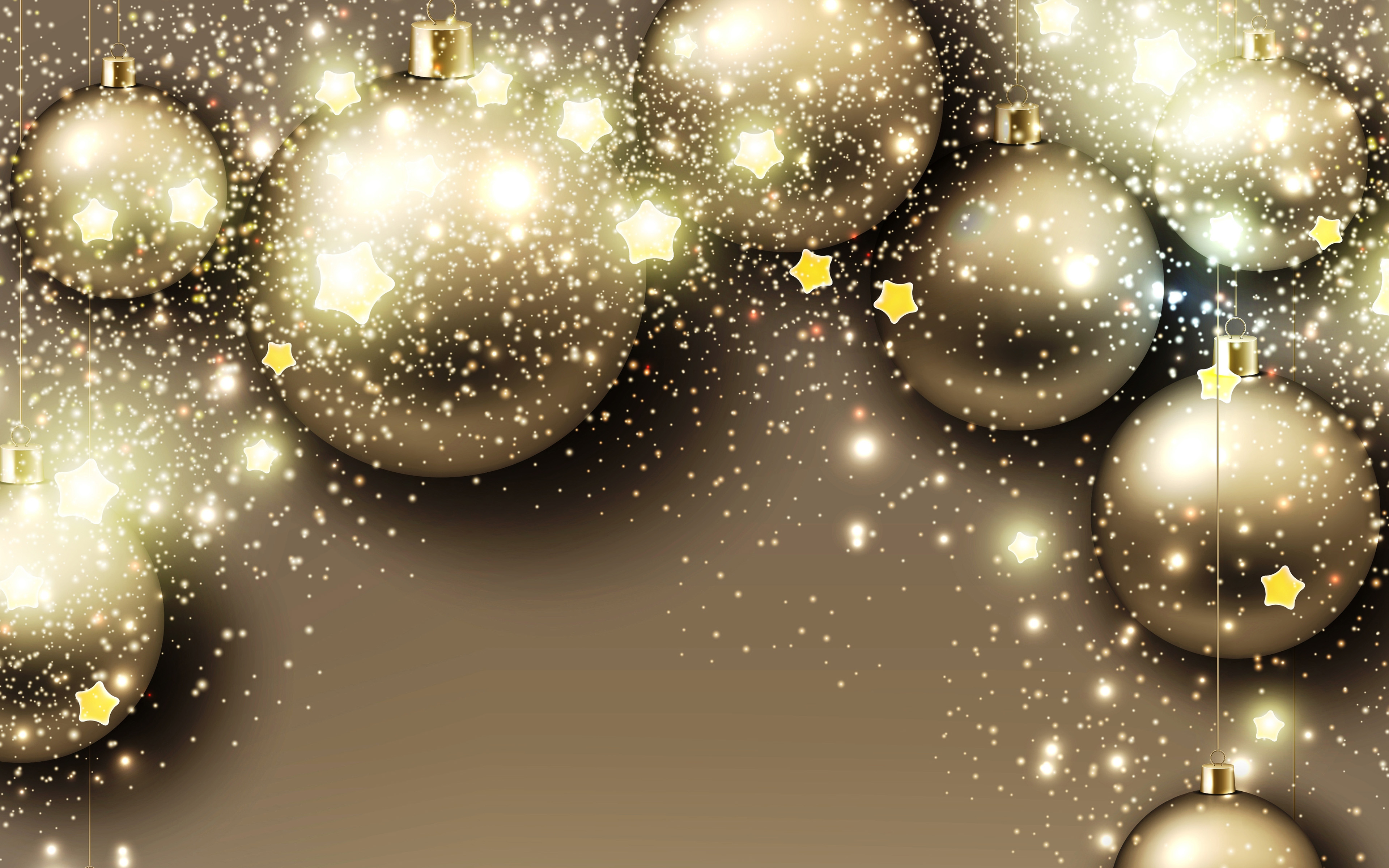 Download wallpaper 4k, golden christmas balls, golden stars, xmas decorations, New Year, christmas decorations, golden xmas balls for desktop with resolution 3840x2400. High Quality HD picture wallpaper