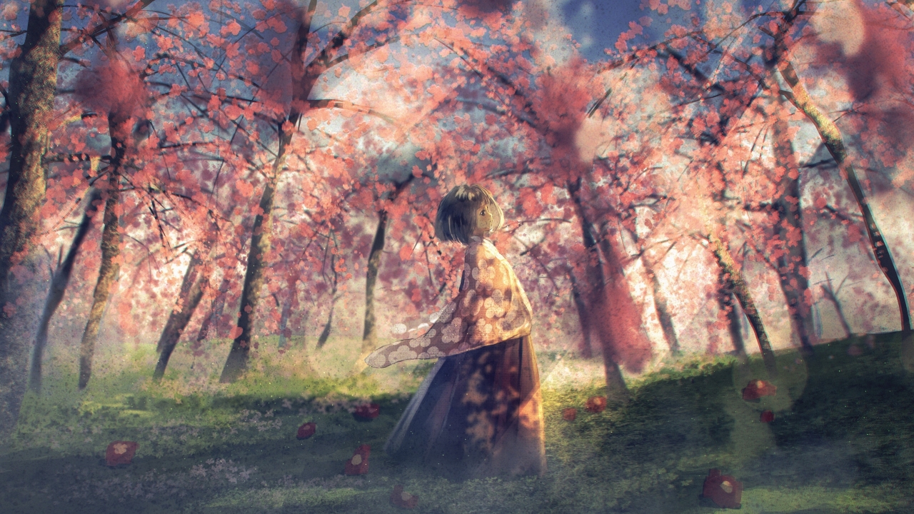 Wallpaper Anime Landscape, Scenery, Trees, Sakura Blossom, Forest, Anime Girl:5098x2533