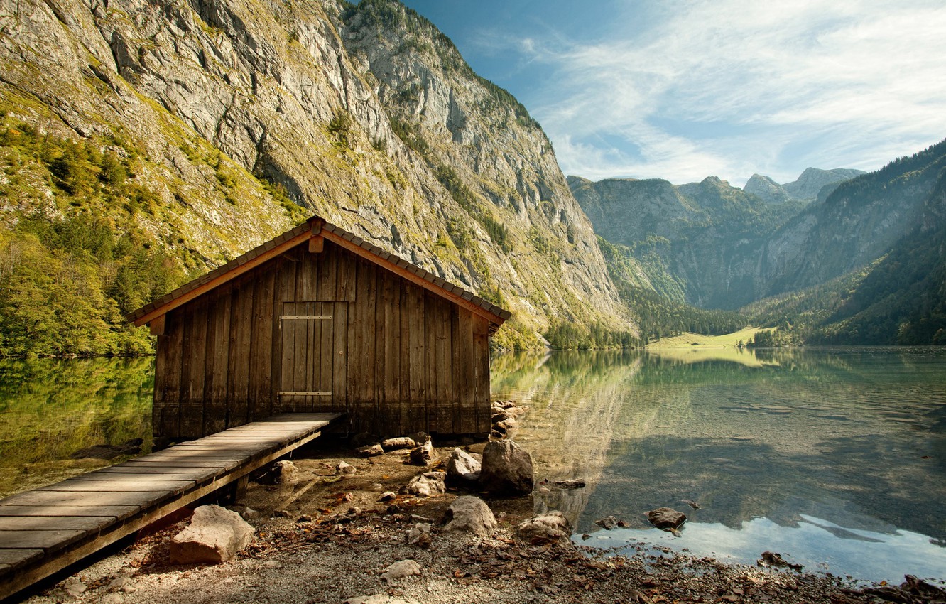 Wallpaper water, mountains, quiet, Lake, House of wood image for desktop, section природа