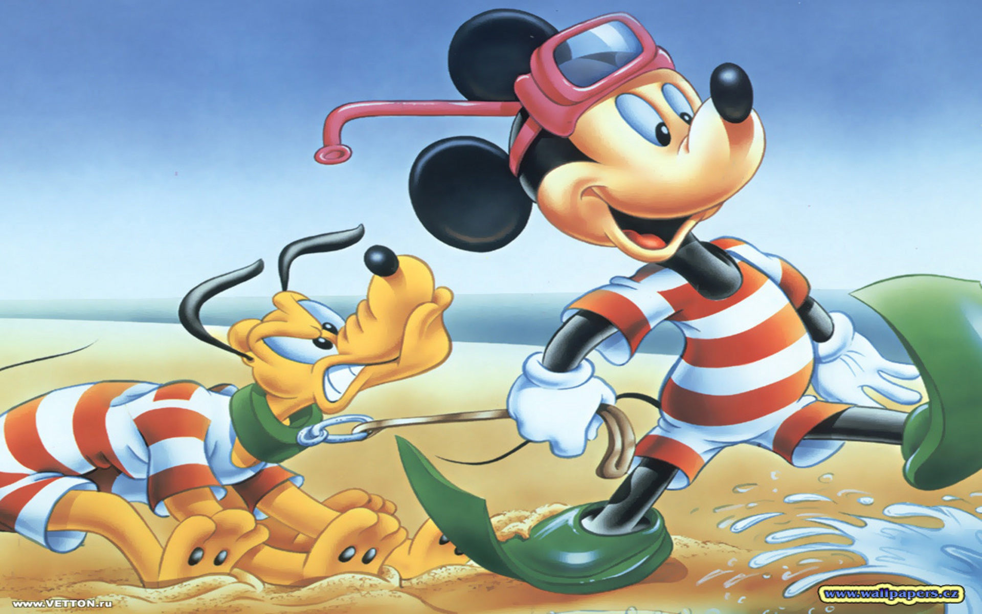 Disney Mickey Mouse And Pluto Disney Characters Sea Beach Bathing HD Wallpaper 1920x1200, Wallpaper13.com