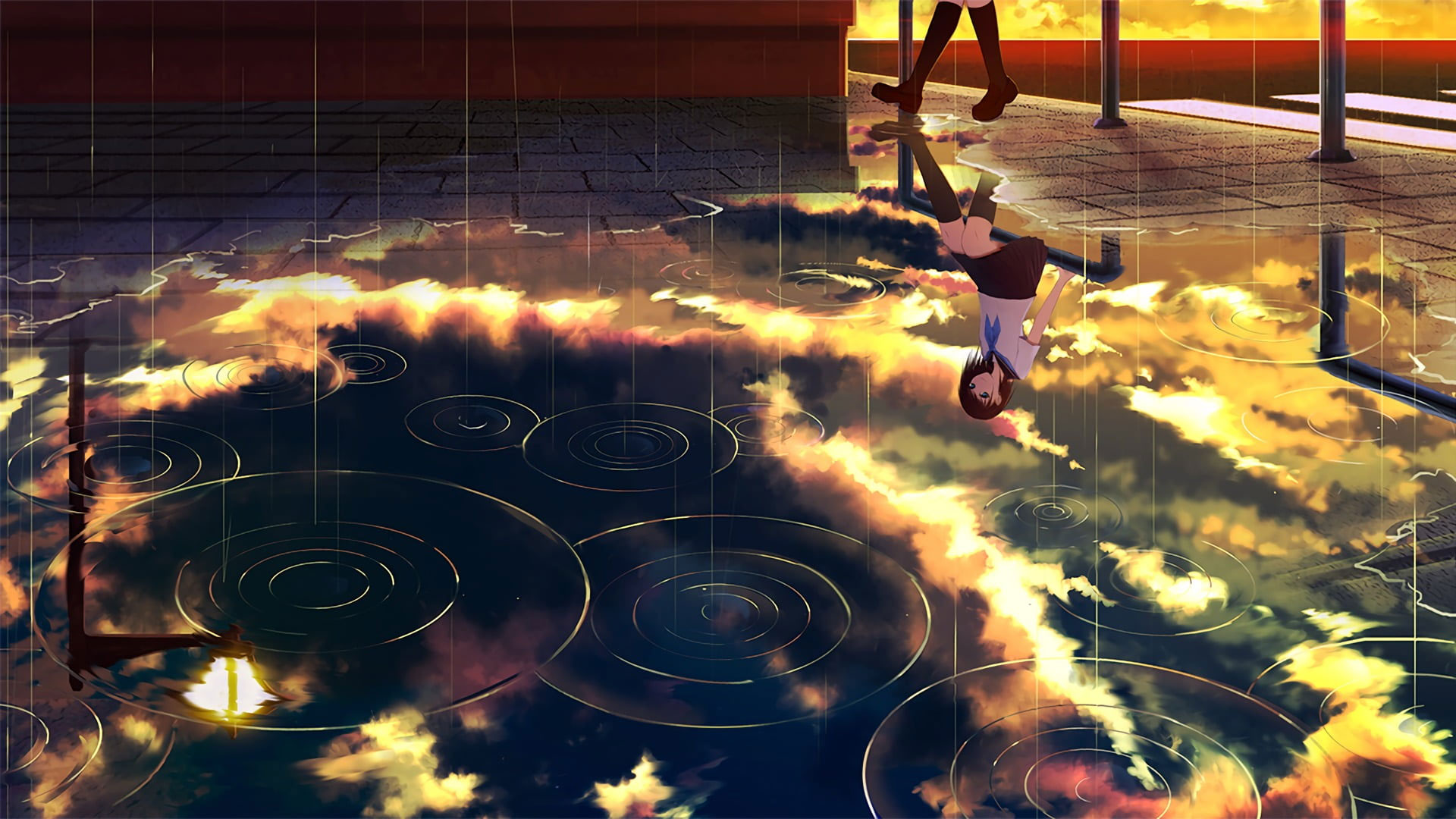 Wallpaper Lofi Anime Girls, Rain, Reflection, Clouds, School Uniform