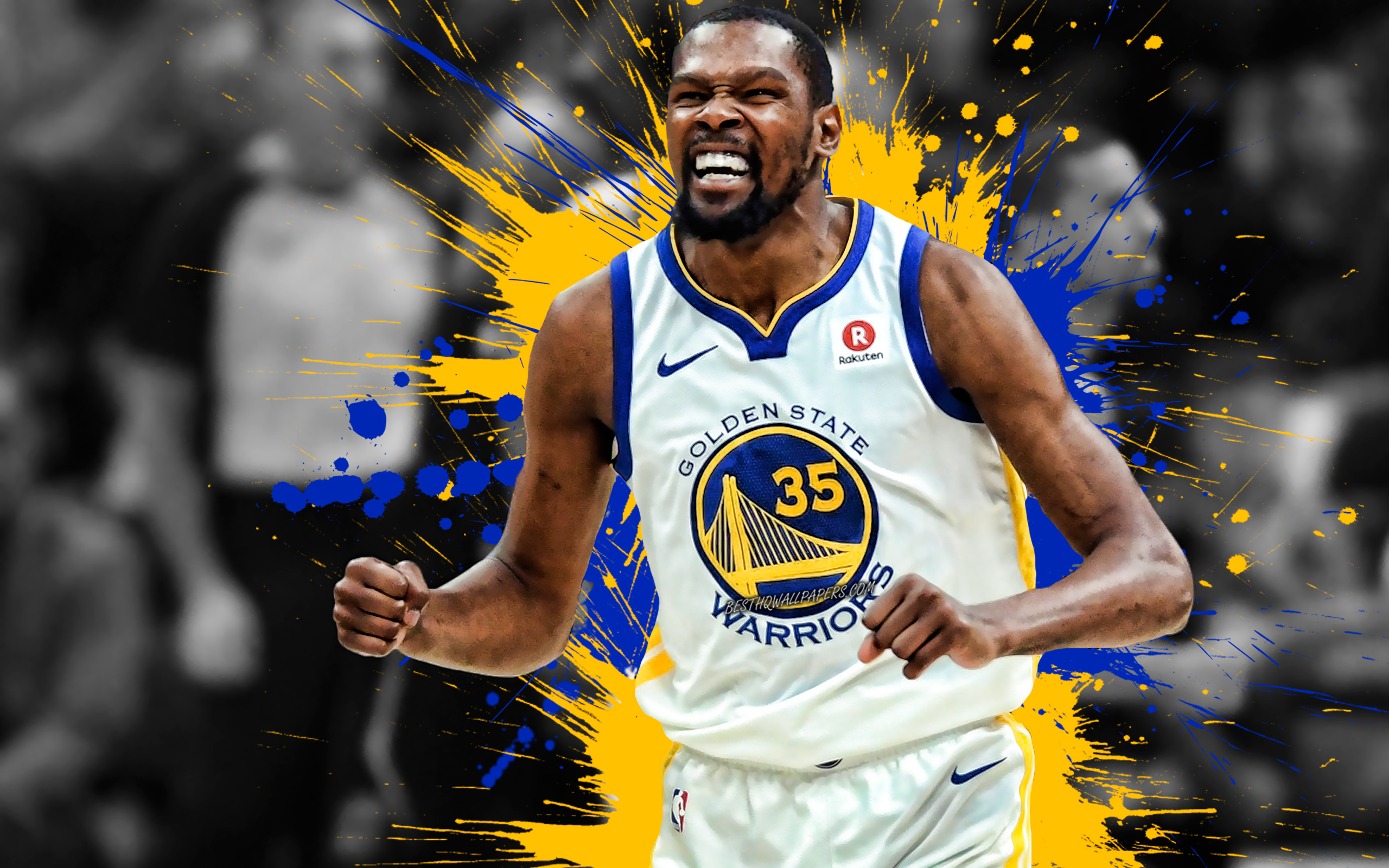 Download wallpaper Kevin Durant, American basketball player, Golden State Warriors, blue yellow paint splashes, creative art, NBA, USA, basketball, National Basketball Association, grunge for desktop with resolution 2560x1600. High Quality HD picture