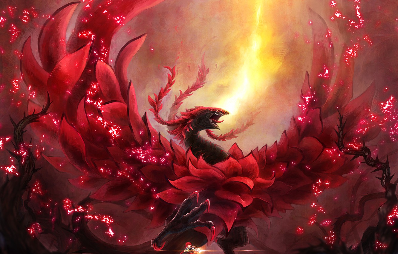 Wallpaper Girl, Fire, Magic, Dragon, Anime, Art, Yu Gi Oh, Of Ken003, Izayoi Aki, Black Rose Dragon Image For Desktop, Section прочее