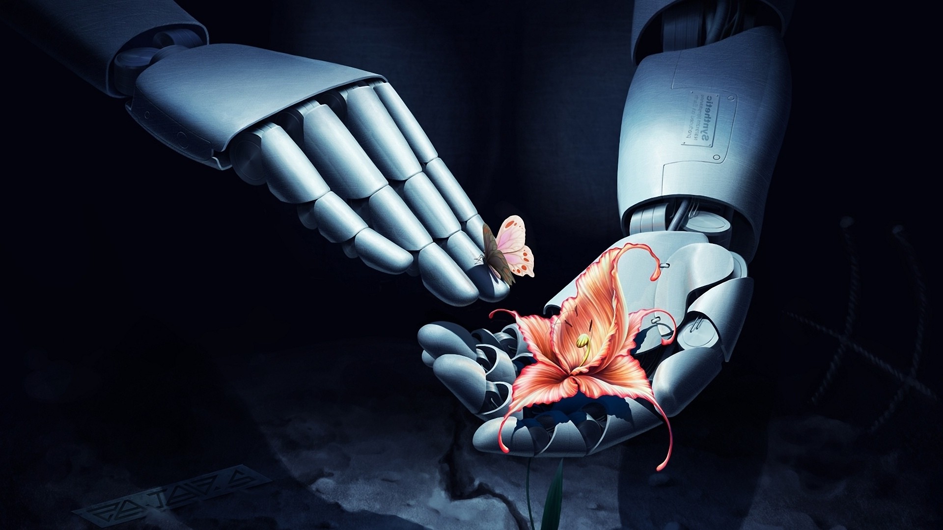 robot, 3D, Hand, Flowers, Butterfly, Technology Wallpaper HD / Desktop and Mobile Background