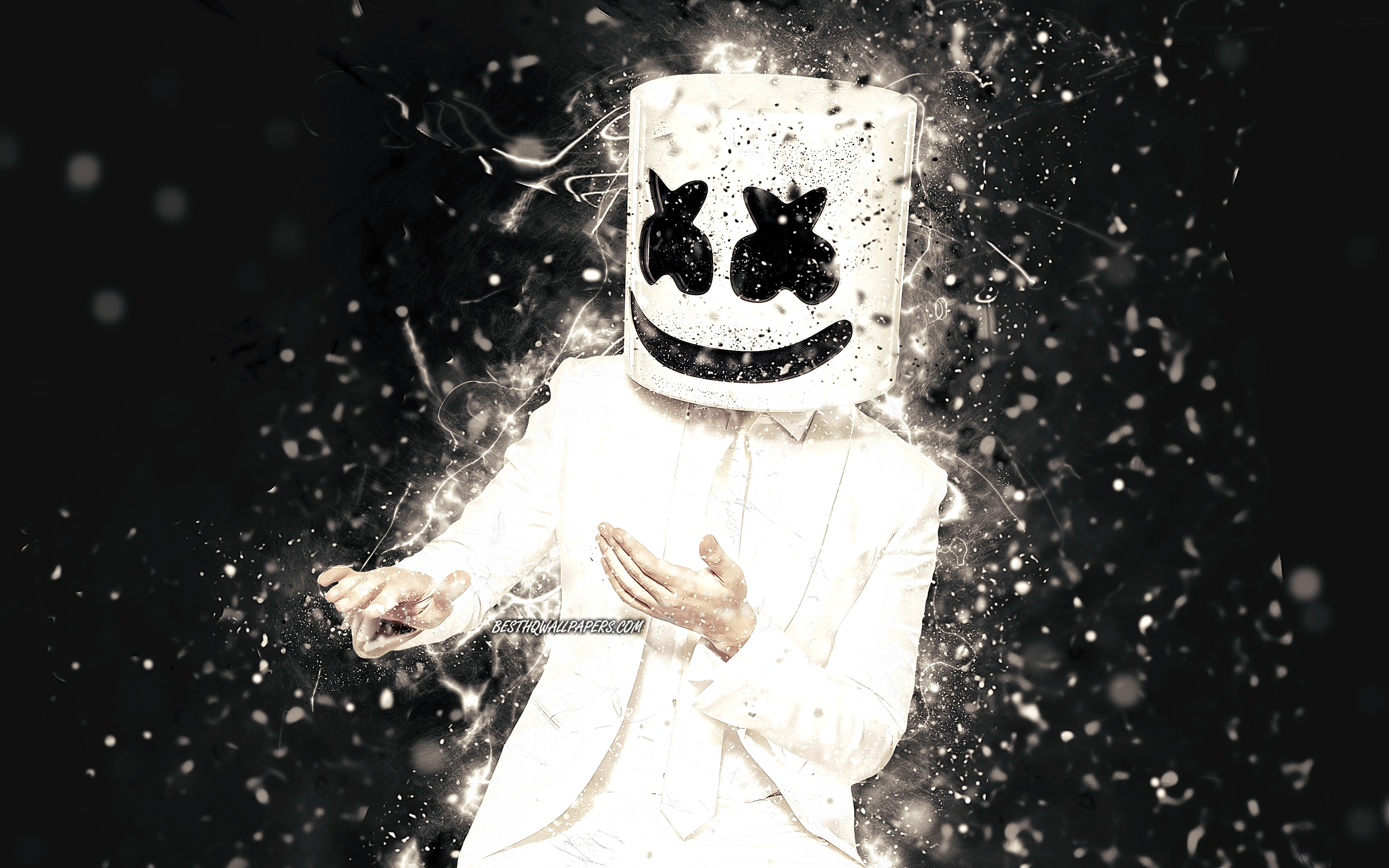 Download wallpaper DJ Marshmello, 4k, dance, white neon lights, music stars, Christopher Comstock, black background, american DJ, Marshmello 4K, superstars, creative, Marshmello, DJs for desktop with resolution 3840x2400. High Quality HD picture