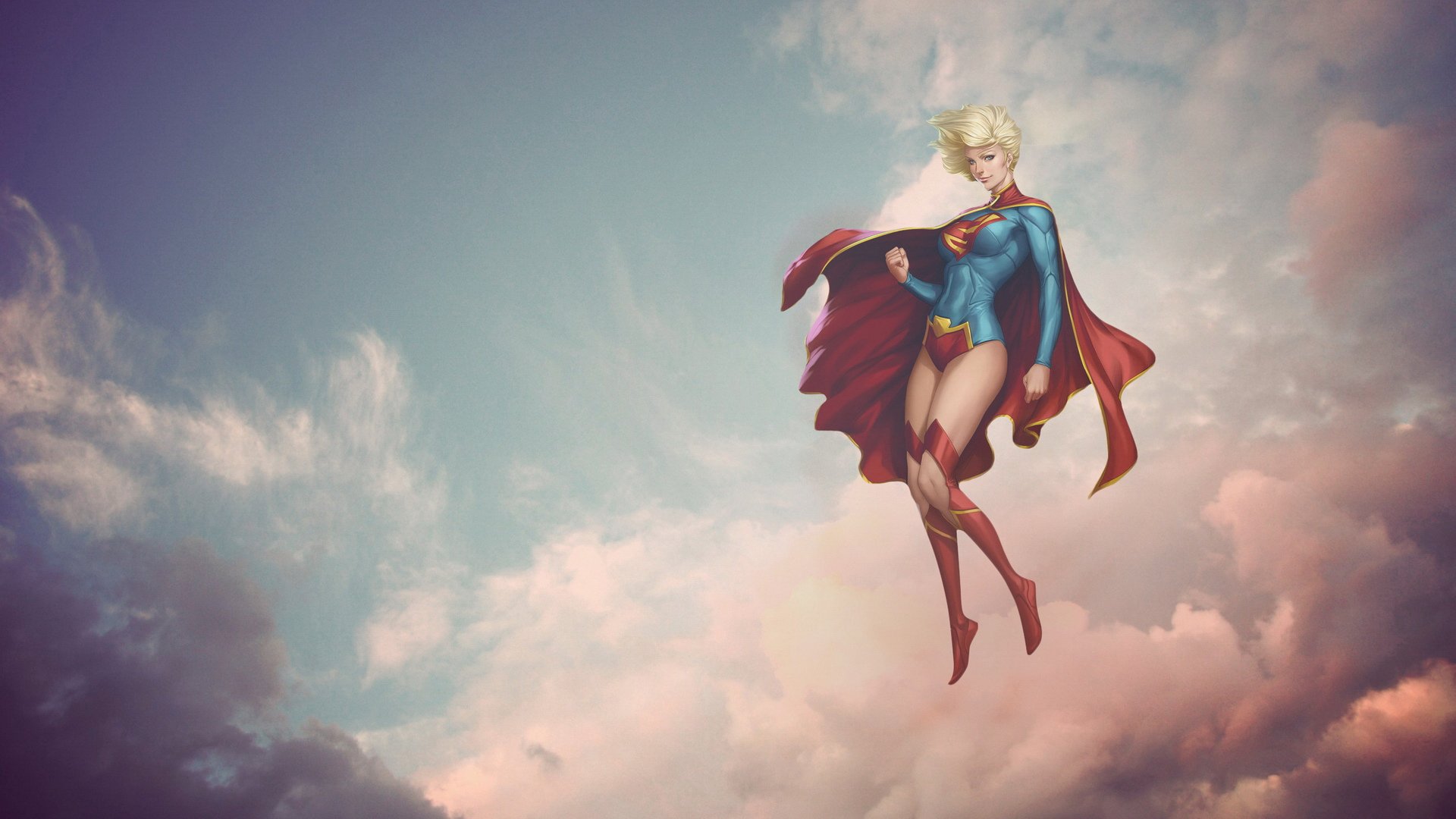 women, Blonde, Artgerm, Supergirl, Fantasy art, Sky, Clouds, Cape, Superhero, DC Comics, Superheroines Wallpaper HD / Desktop and Mobile Background