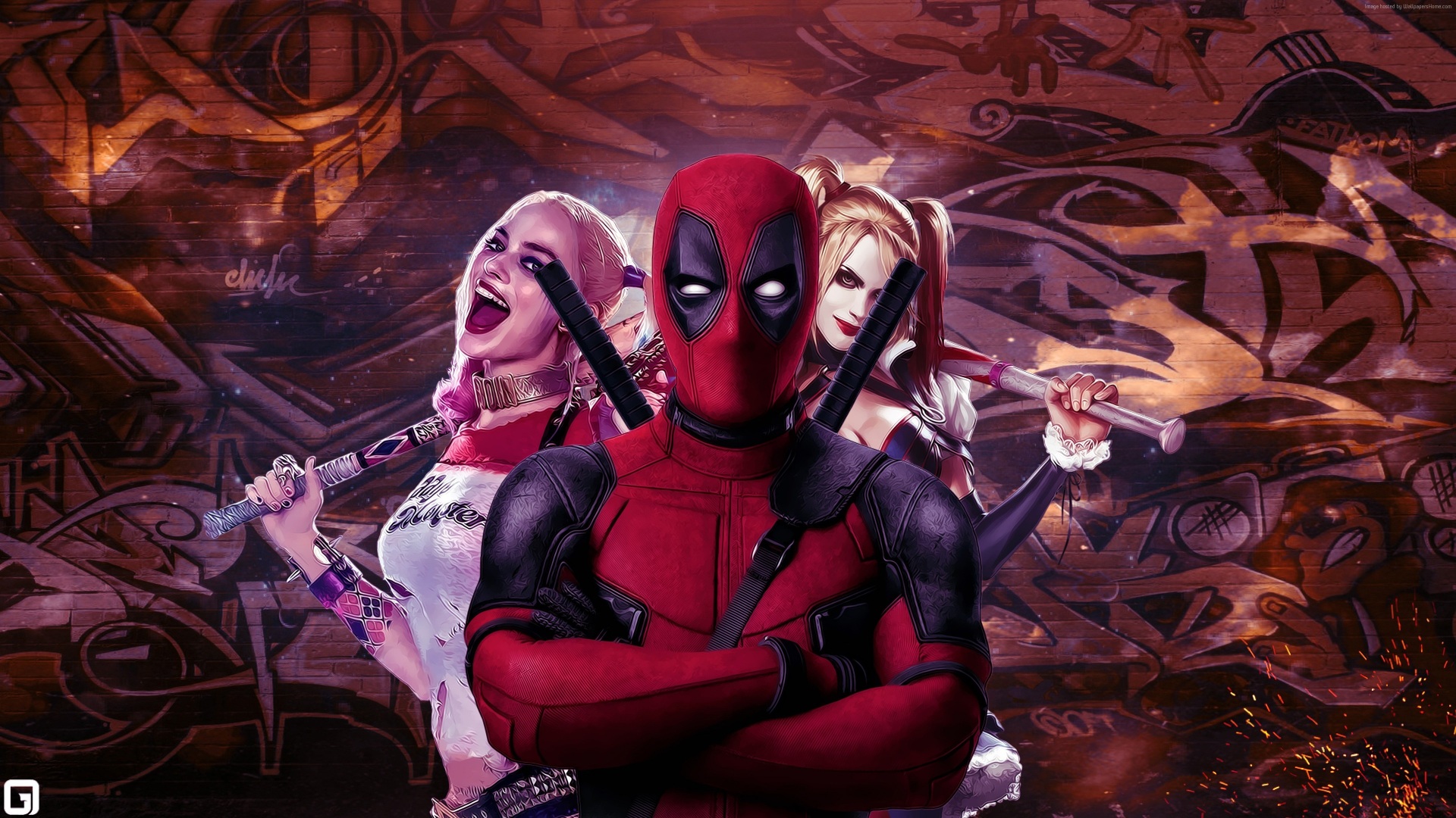 Desktop Wallpaper superheroes Blonde girl Deadpool hero 1920x1080