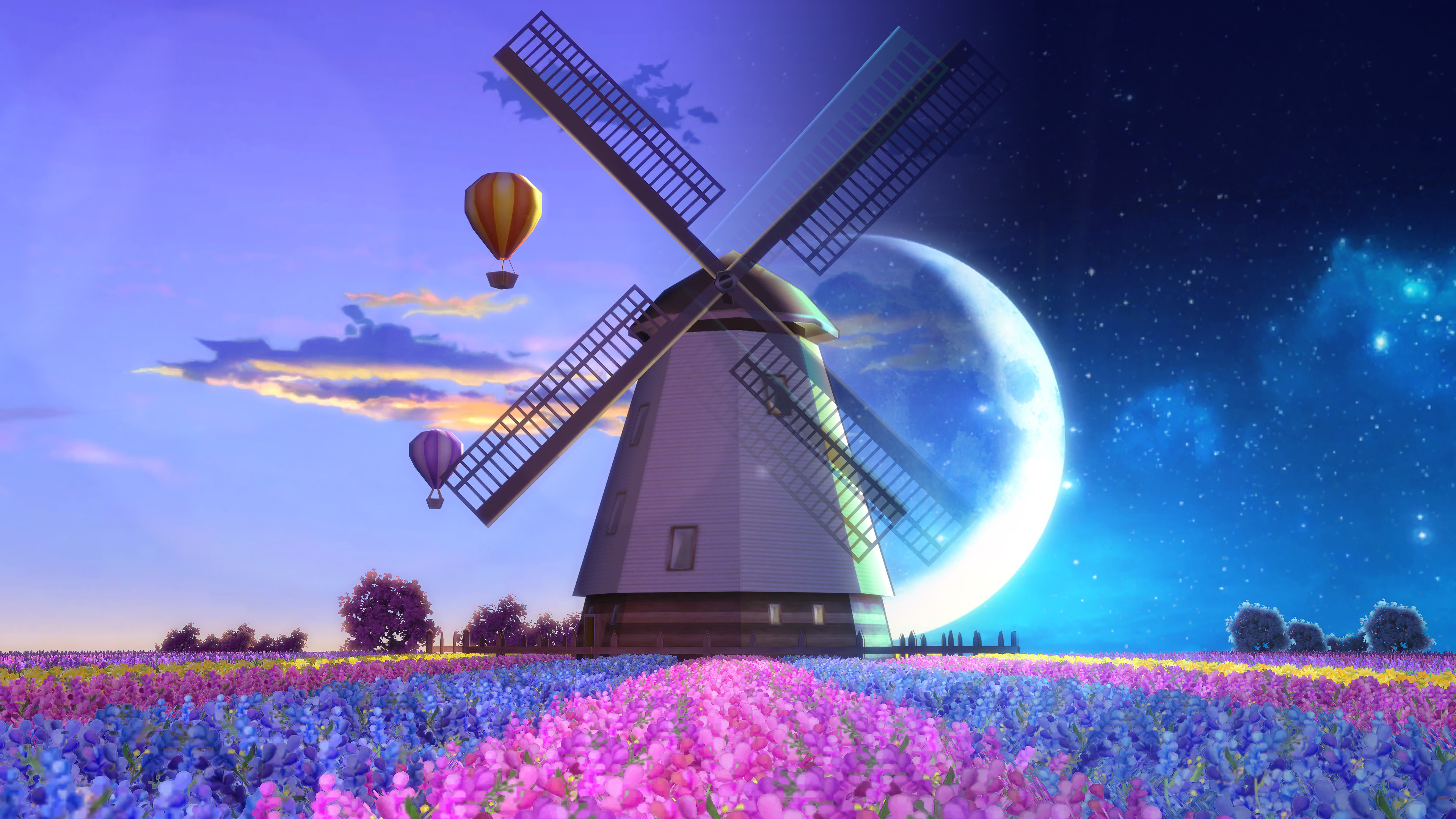 Windmill Flowers Moon Night Nature Landscape Flowers 4K Wallpaper