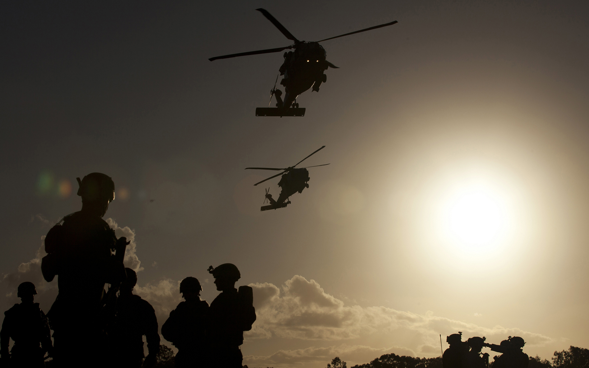 Soldiers Helicopters Sunlight Silhouette military wallpaperx1200