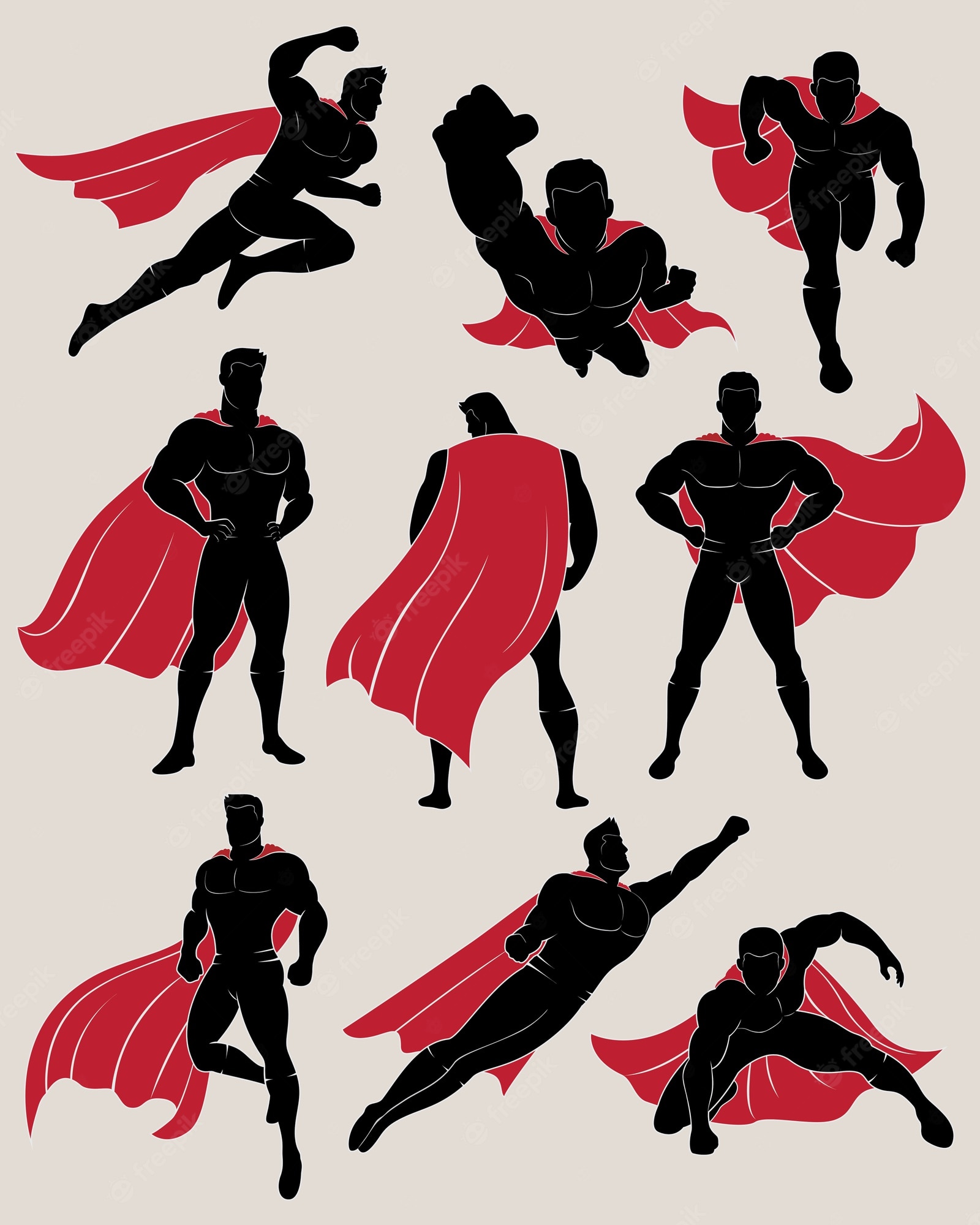 Premium Vector. Set of superhero in 9 different poses