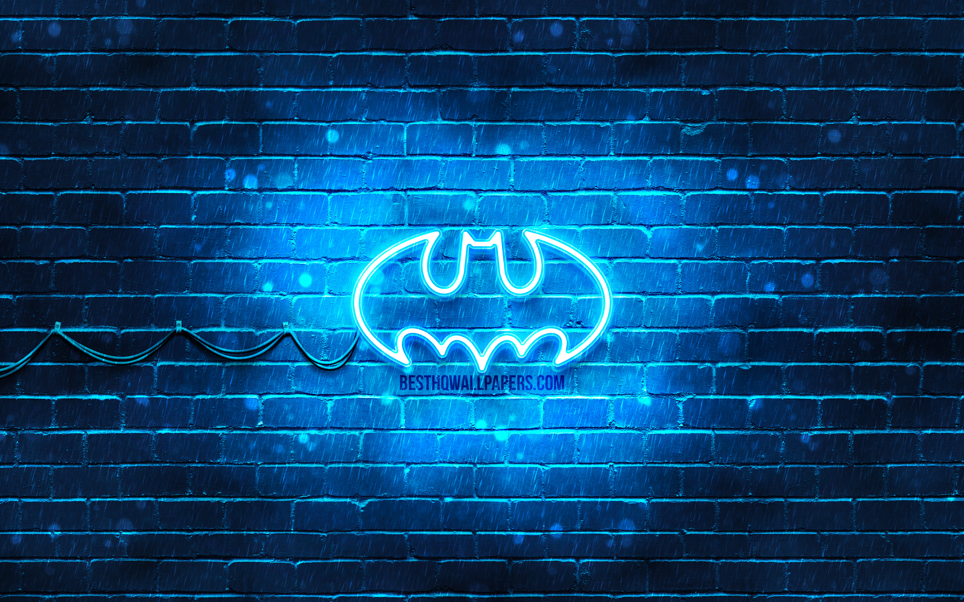 Download wallpaper Batman blue logo, 4k, blue brickwall, Batman logo, superheroes, Batman neon logo, Batman for desktop with resolution 3840x2400. High Quality HD picture wallpaper