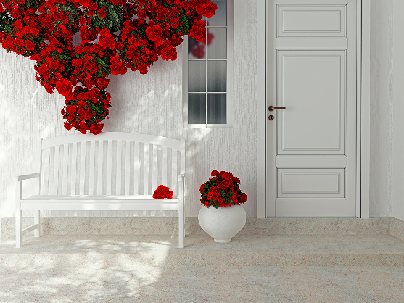 Photos Red Roses flower Door Vase Bench Design