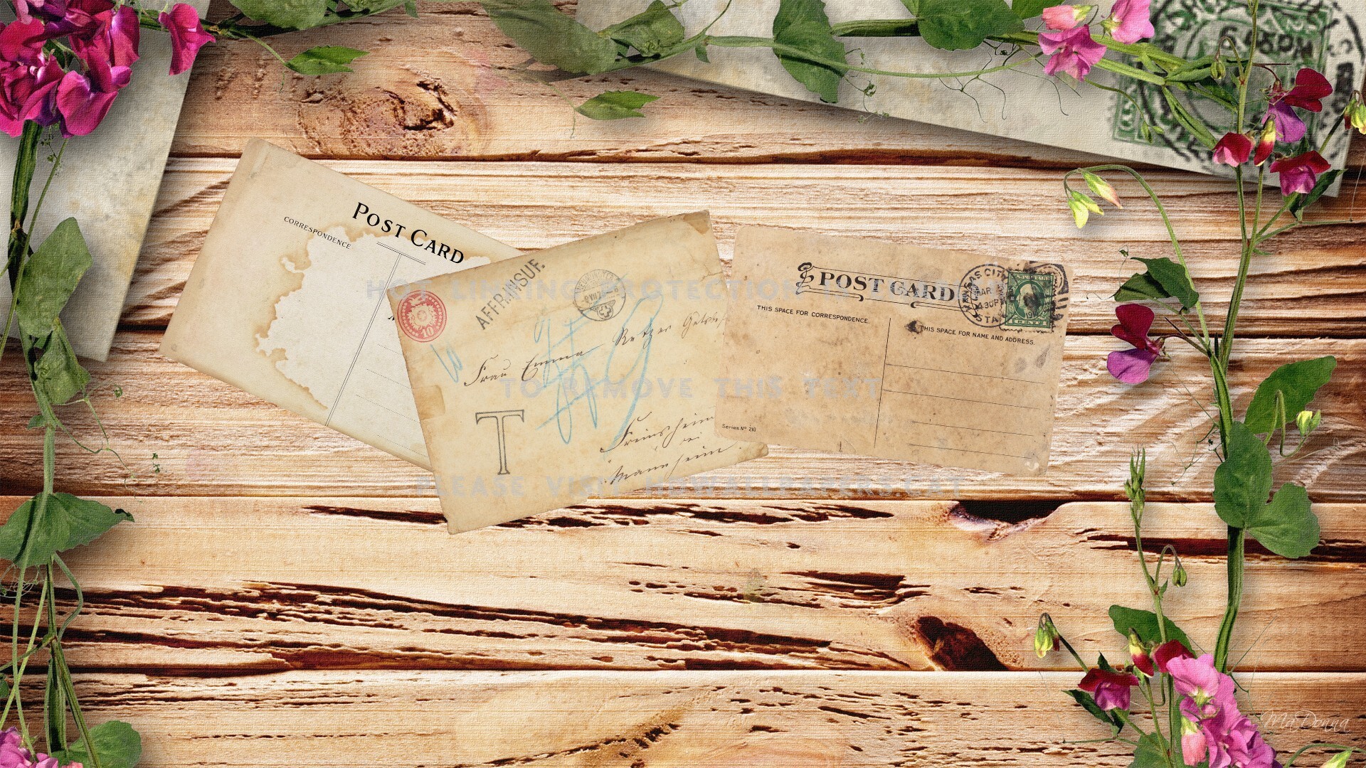 post cards and flowers on wood spring old