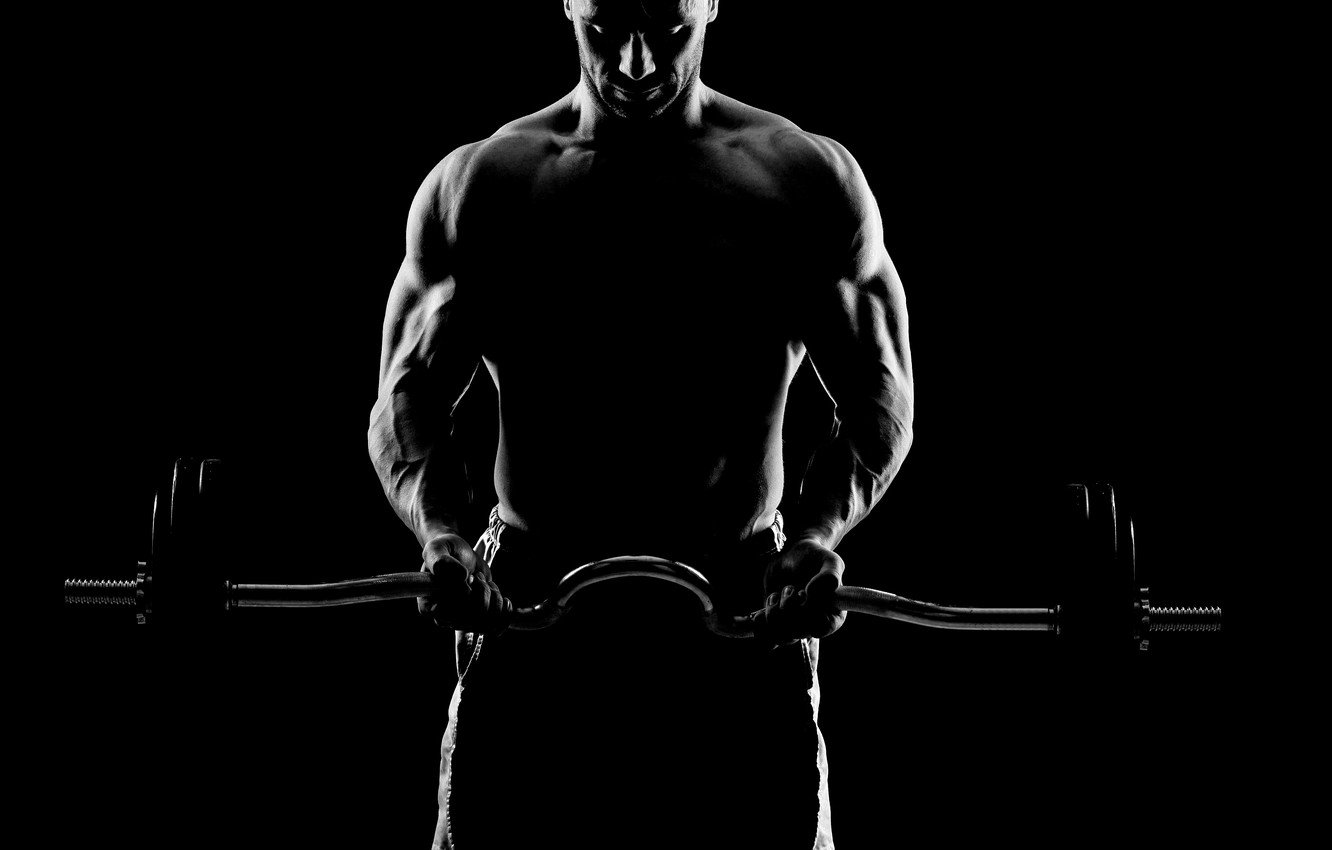 Wallpaper shadow, figure, iron, muscle, muscle, rod, background black, muscles, athlete, Bodybuilding, bodybuilder, training, weight, bodybuilder, barbell, background black image for desktop, section спорт